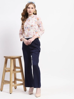 Comfortable Cut Elasticized Waistband Madame Floral Print Off-White Mock Neck Top