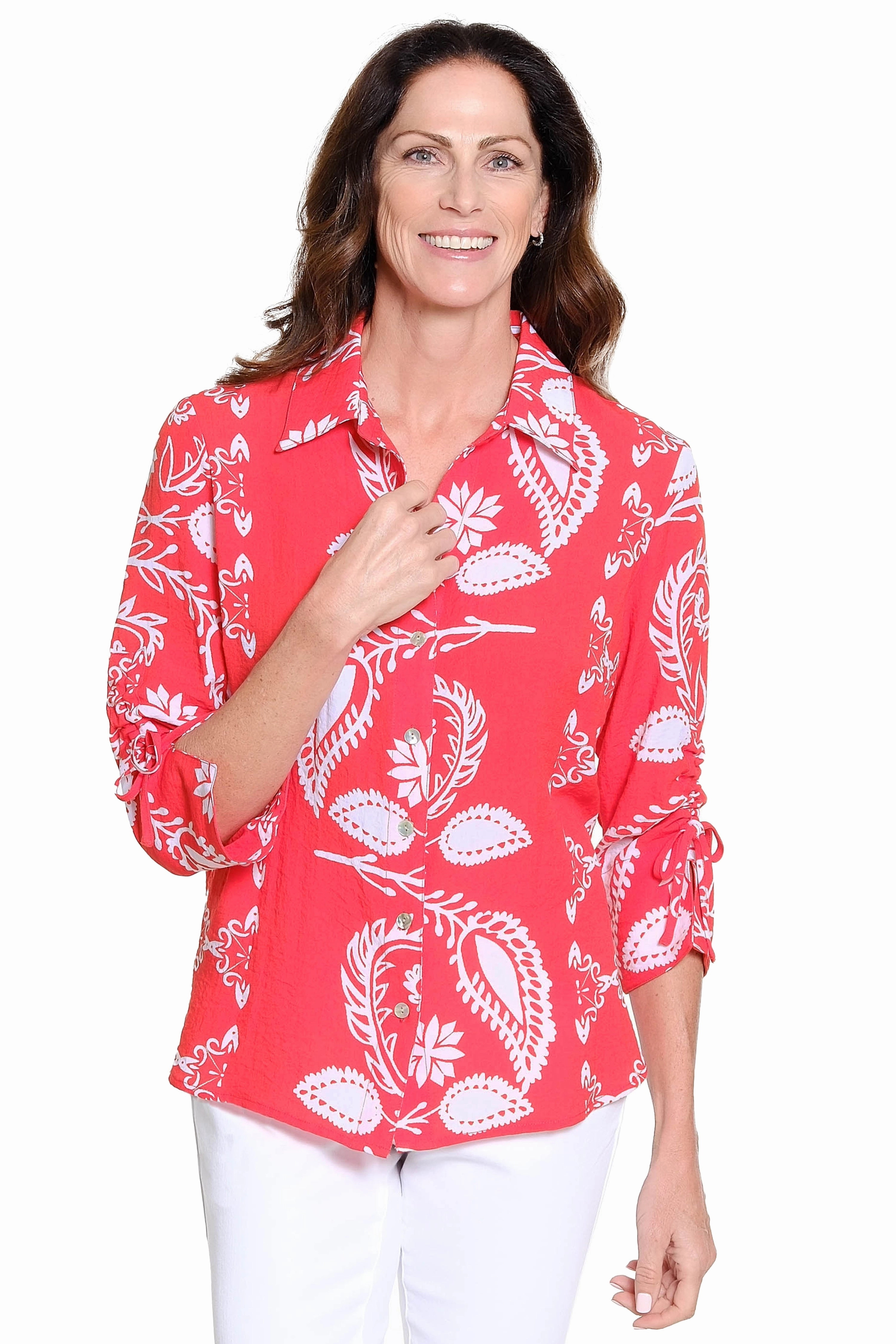 AntiStaticTreatment Adjustable Collar System Print Button-Up Shirt - Red