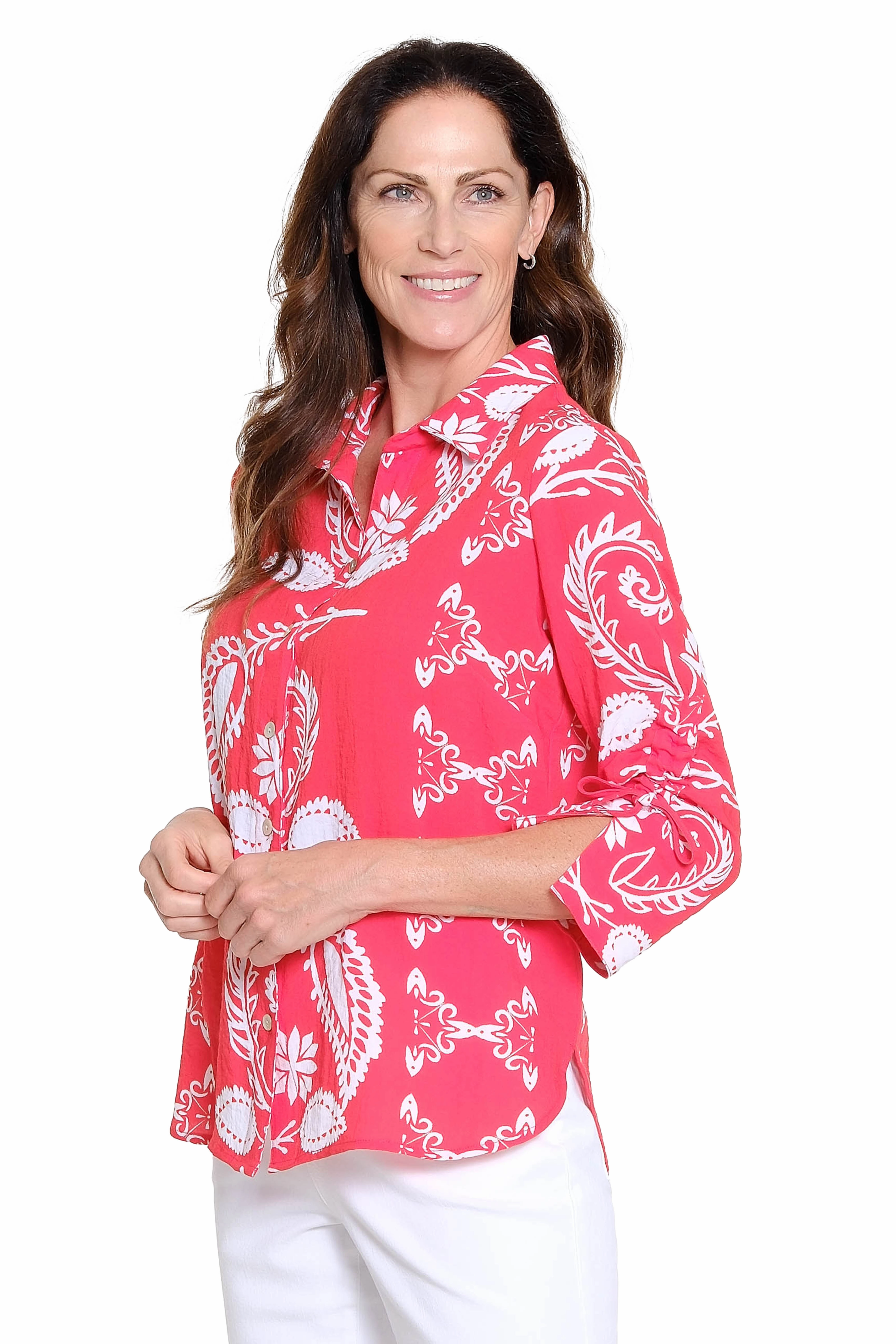 Print Button-Up Shirt - Red Non Slip Shoulder Seams