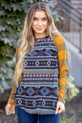 Stylish Design Print Contrast Plaid Long Sleeve T-Shirt Regular & Plus Sizes