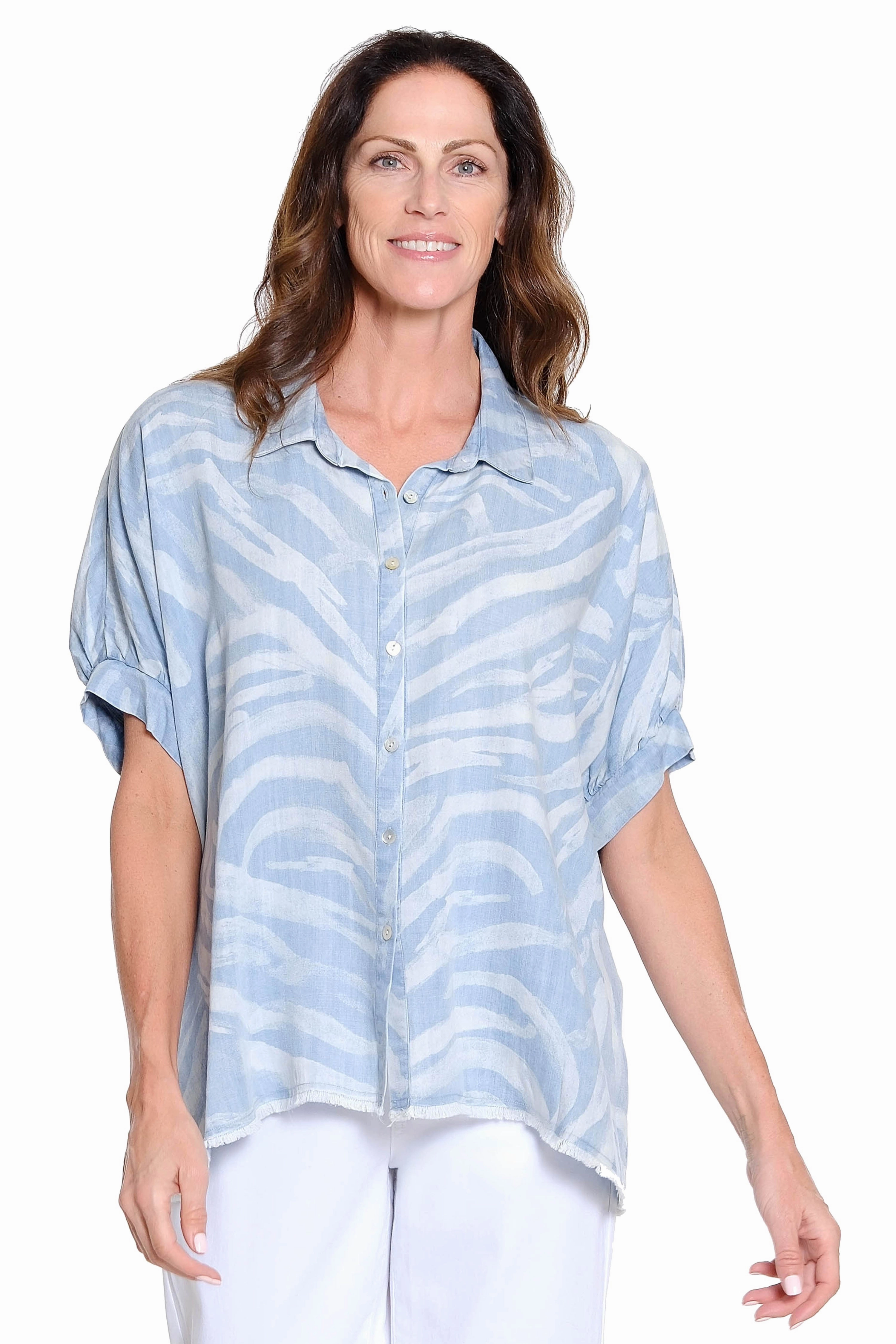 Print Dolman Sleeve Camp Shirt - Chambray ComfortStretchFit Recycled Polyester Blend