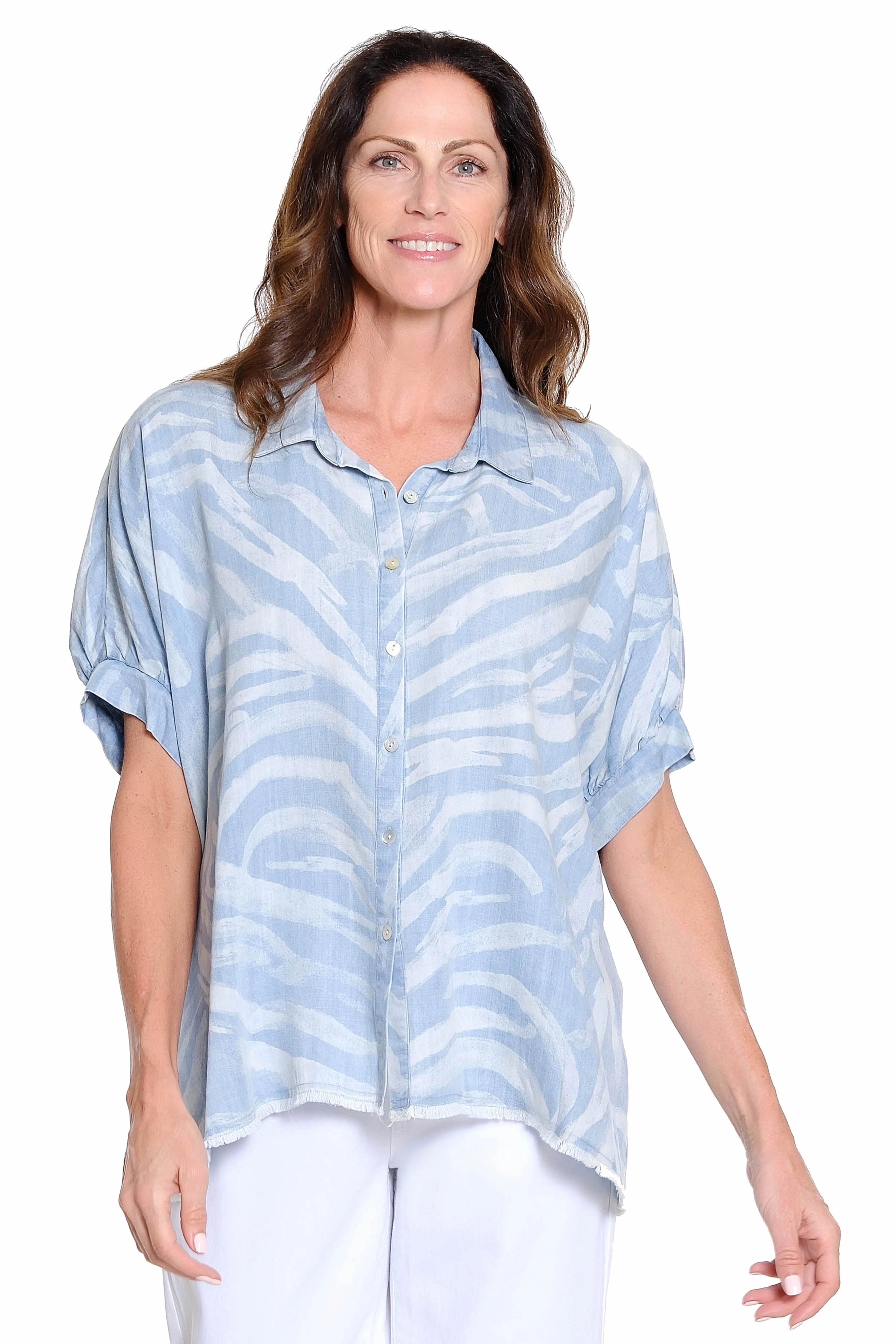 Wrinkle resistant fabric Print Dolman Sleeve Camp Shirt - Chambray