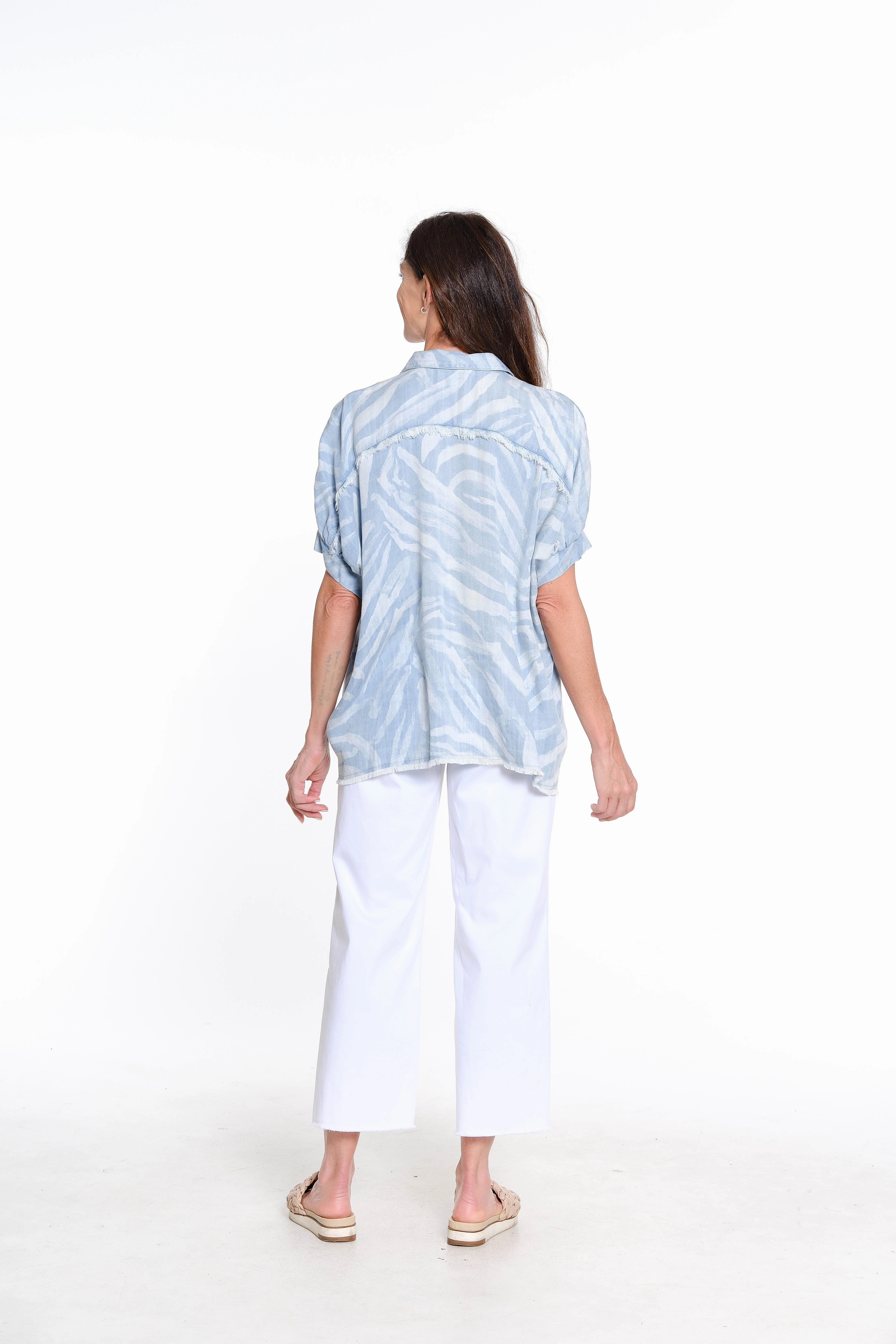Print Dolman Sleeve Camp Shirt - Chambray FlatlockStitching