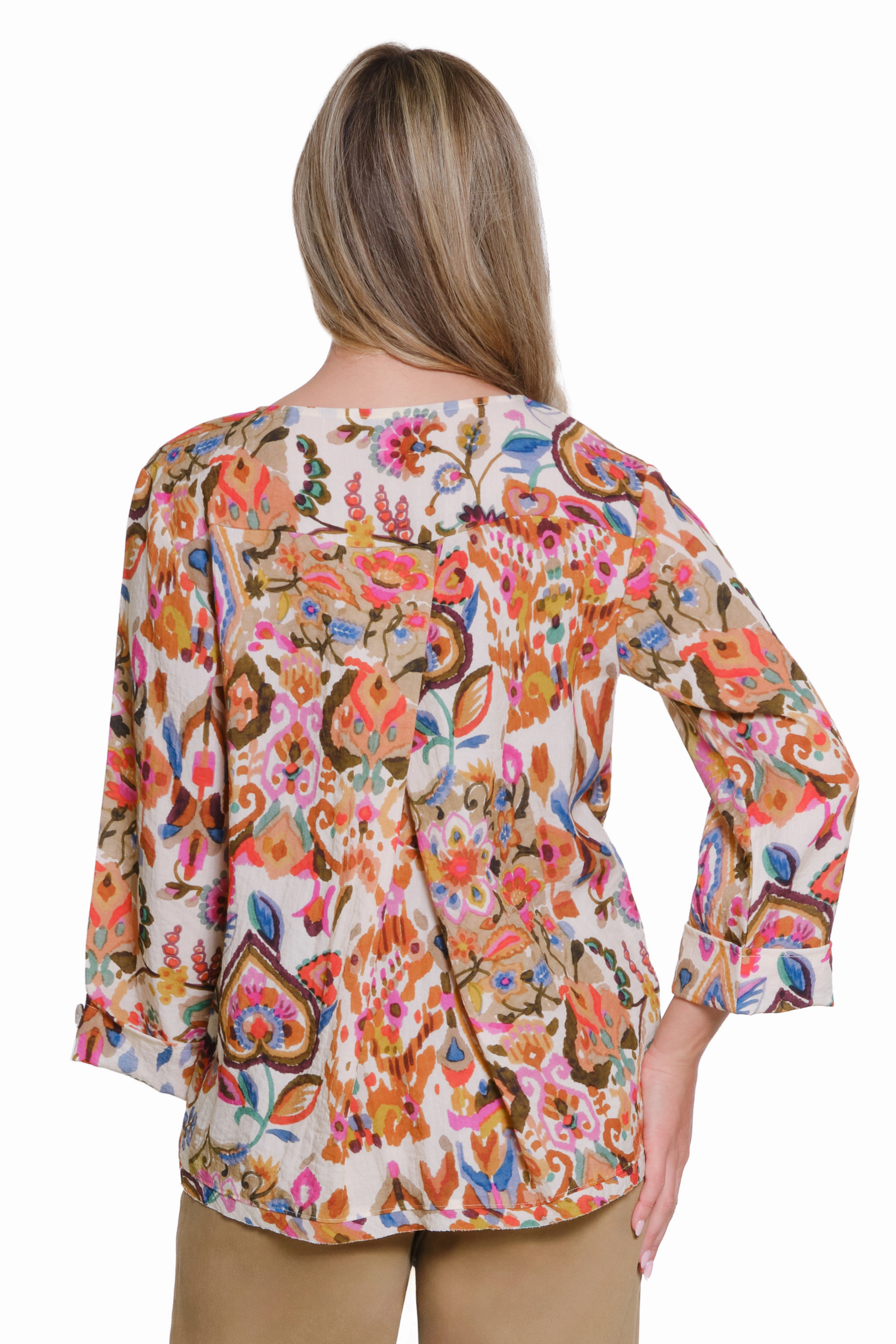 Quick Release Fastener DoubleStitched Hemming Printed Boat Neck Top with 3/4 Sleeves - Multi