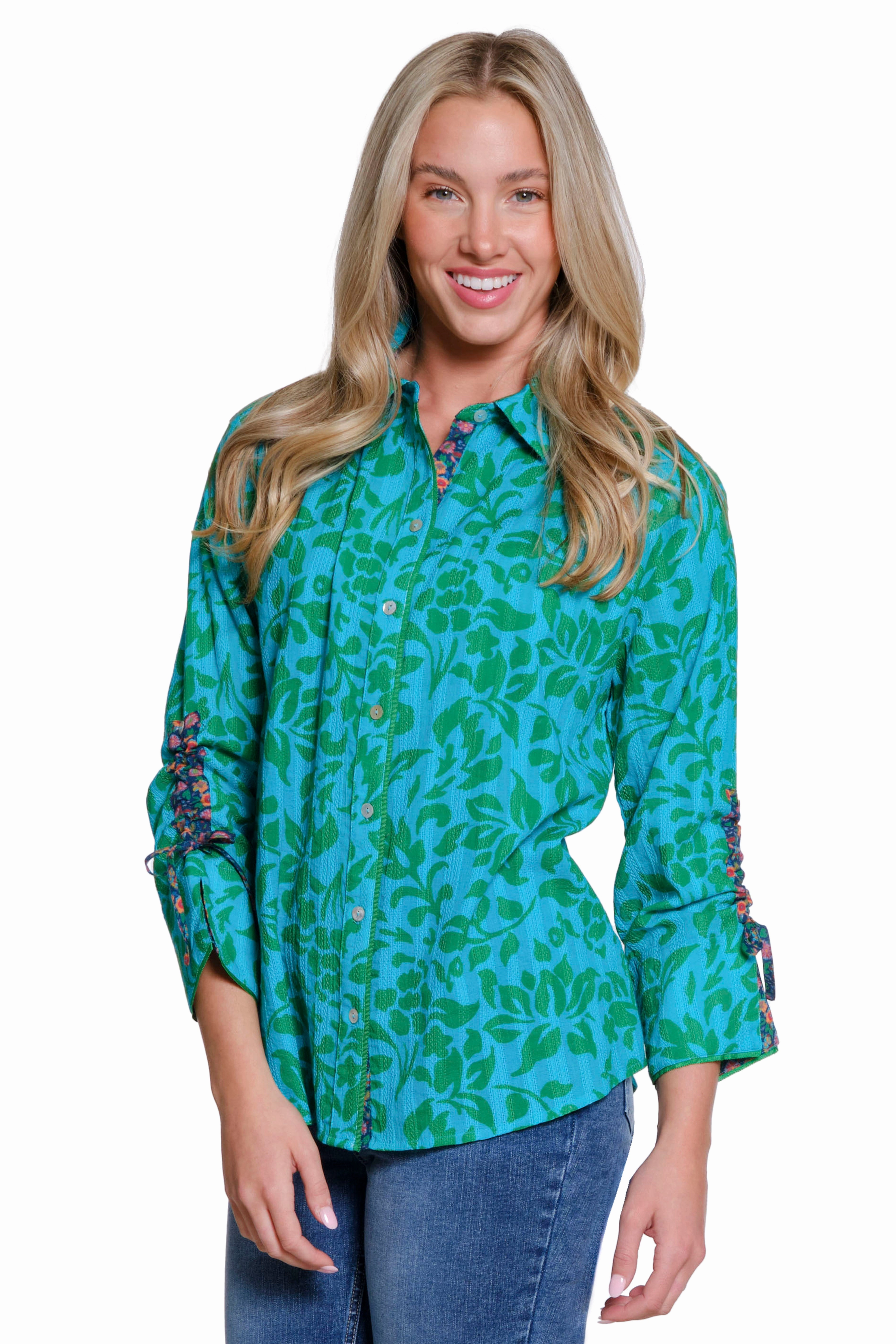 Gym Wear Printed Button-Front Shirt with Drawstring Sleeves - Multi