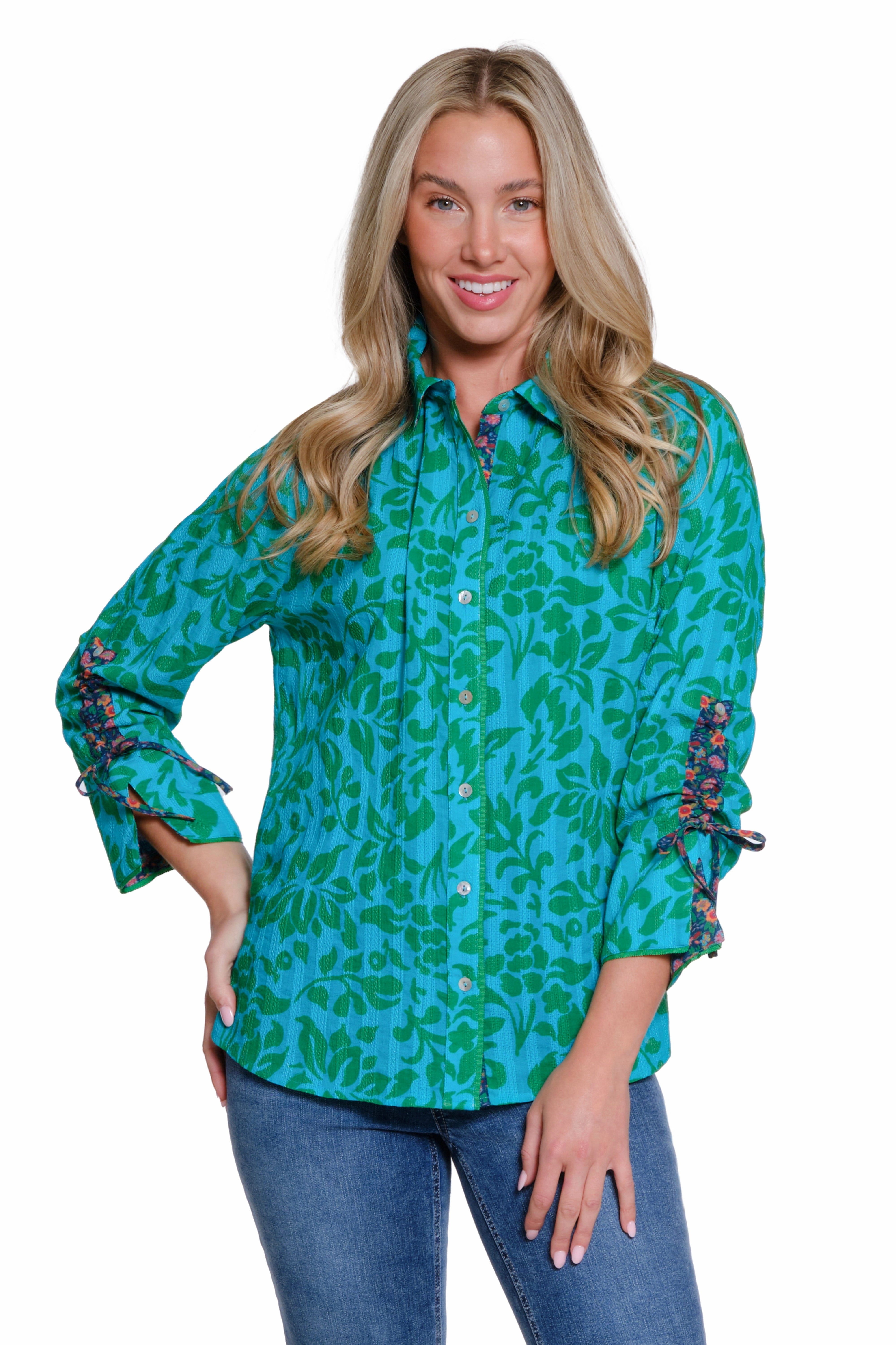 Printed Button-Front Shirt with Drawstring Sleeves - Multi High Neck Design RibbedTexture