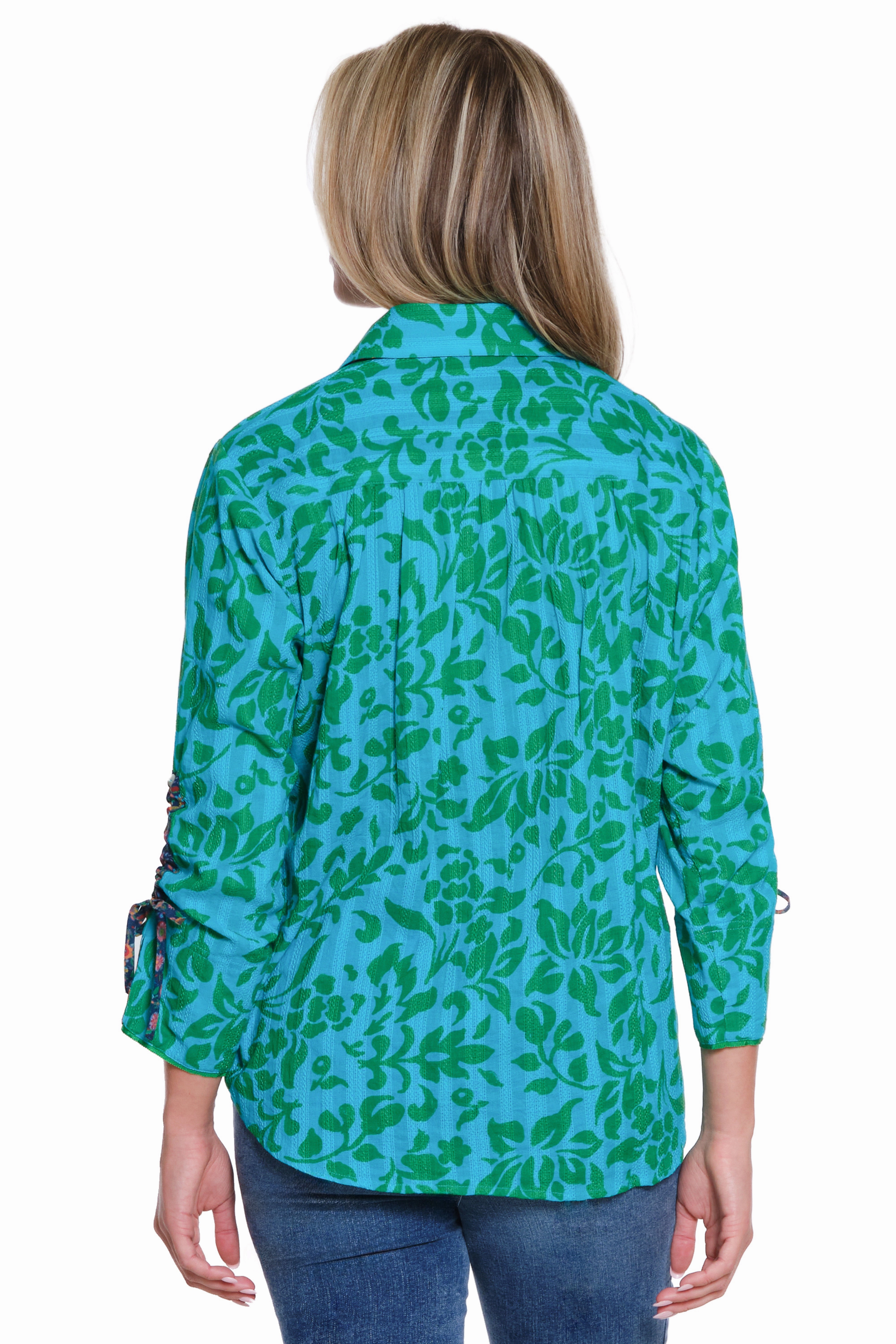 Printed Button-Front Shirt with Drawstring Sleeves - Multi Flexible Shoulder Gusset All Over Print Technique