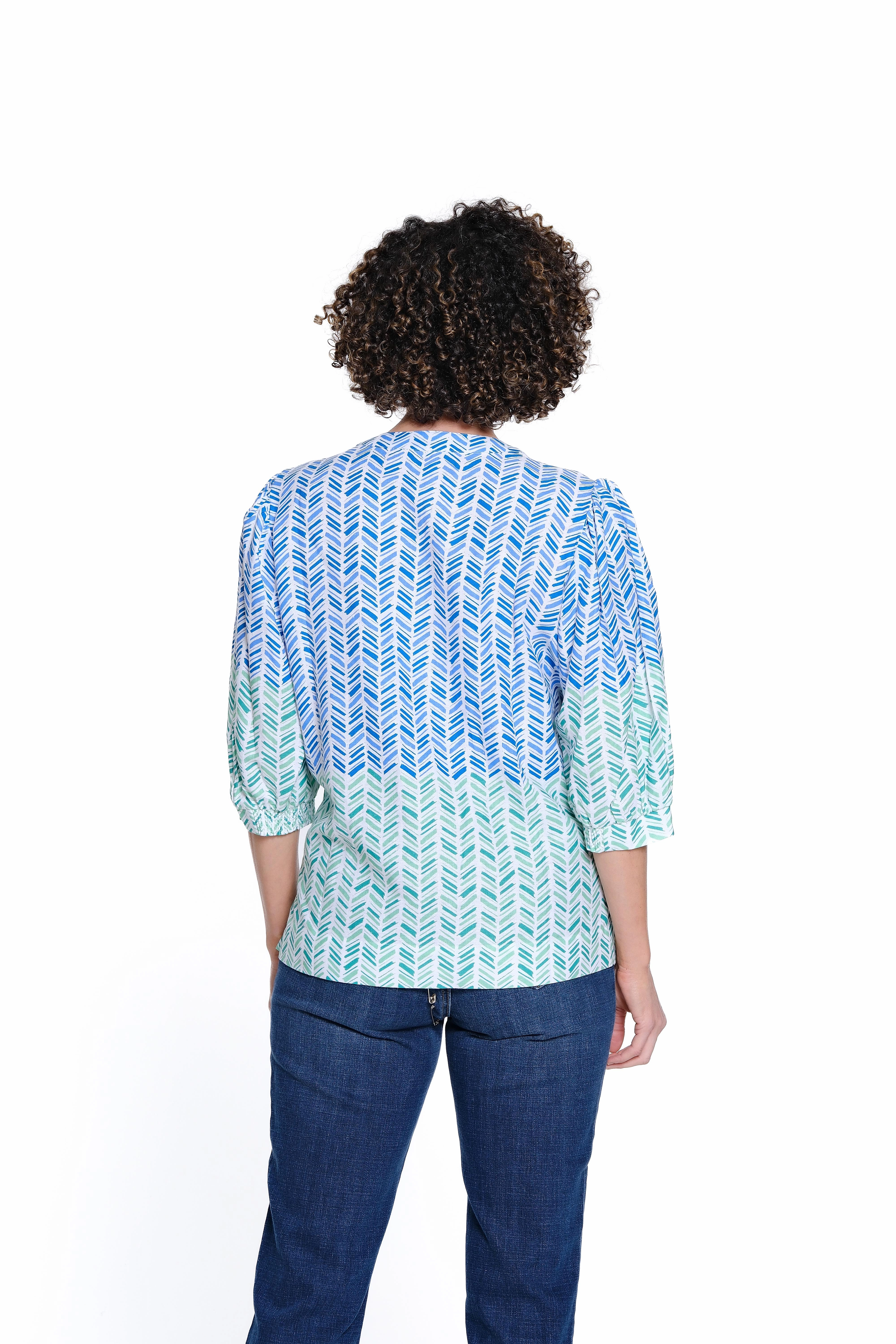 NonIrritating Stitching Printed Split Neck Top - Multi