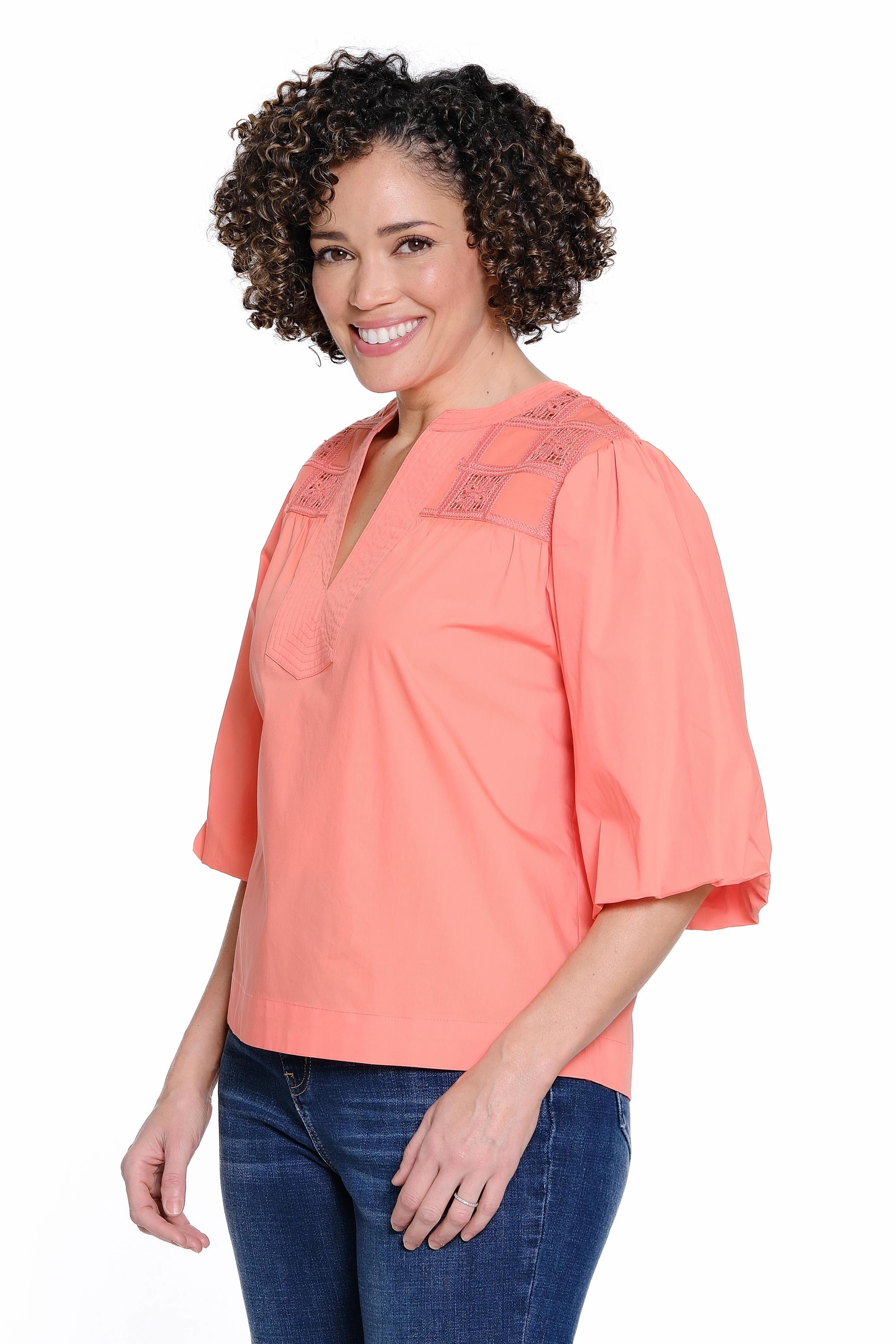 Wrinkle Resistant Finish Puff Sleeve Crochet Popover Top - Coral