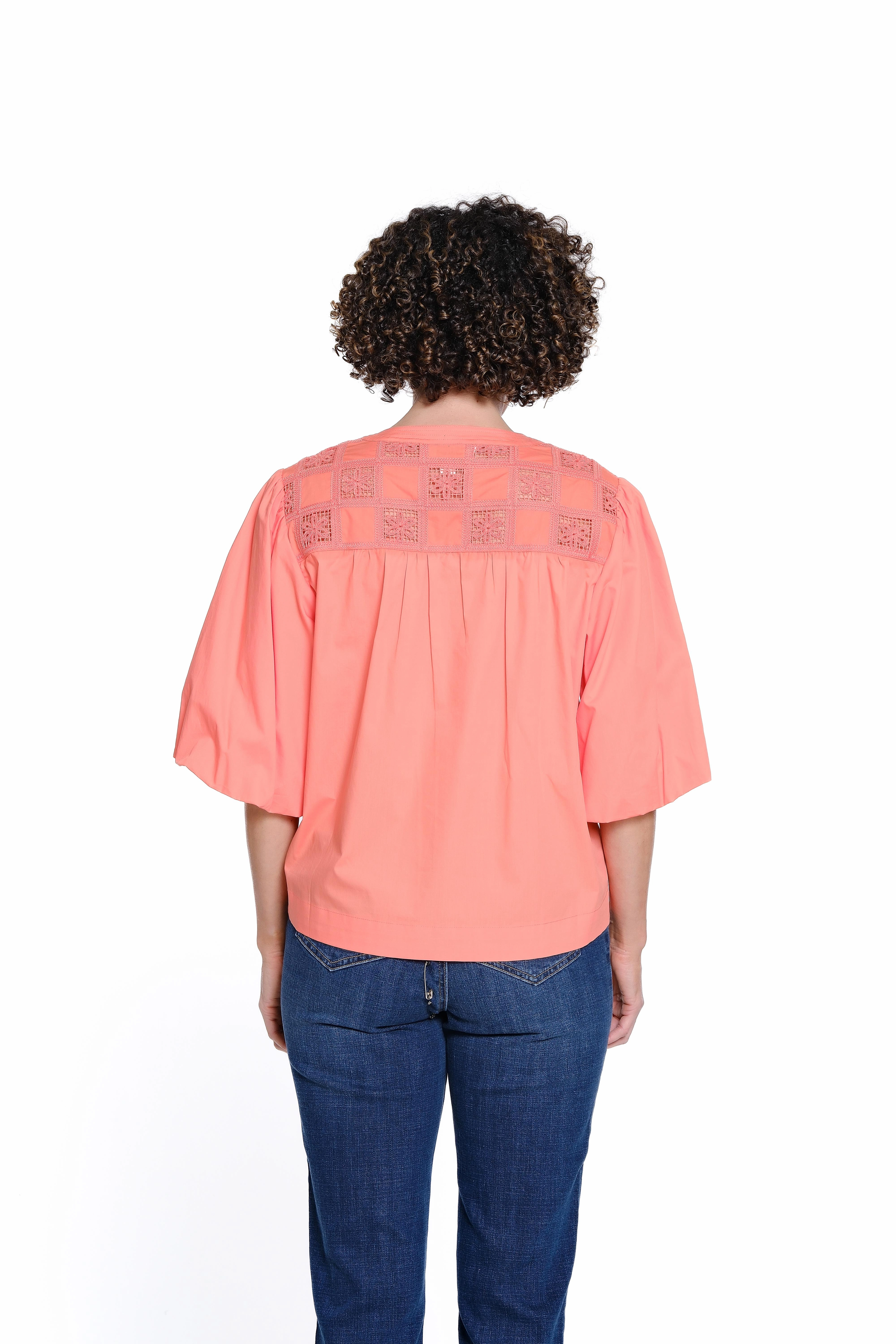 Puff Sleeve Crochet Popover Top - Coral Heather Effect Finish