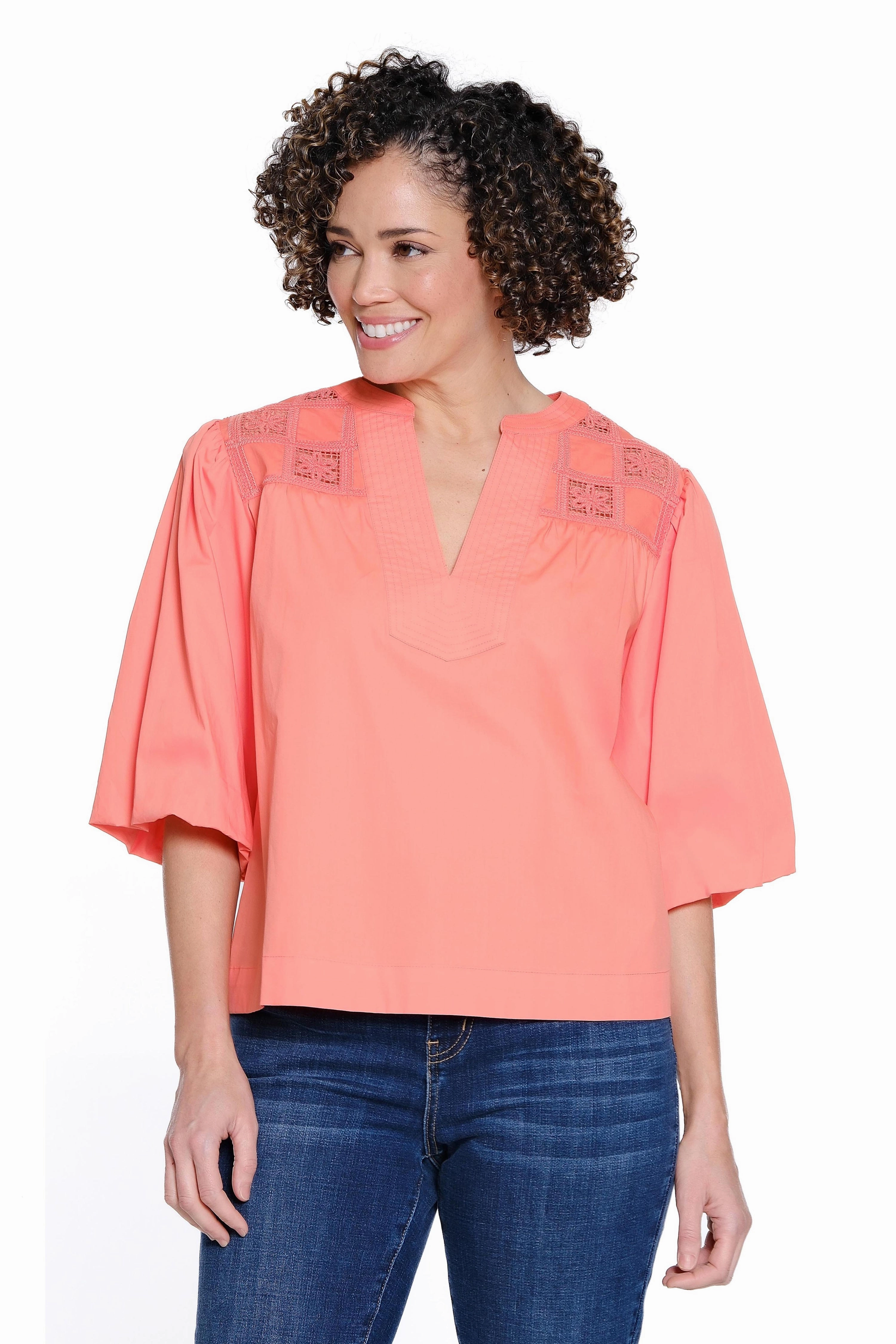 Puff Sleeve Crochet Popover Top - Coral Heat Regulating Fabric Durable Weave