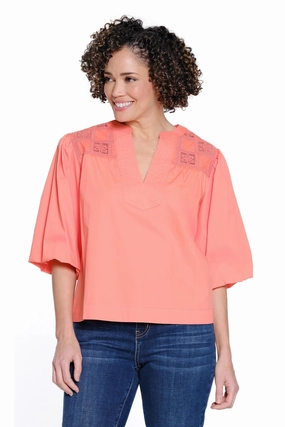 Puff Sleeve Crochet Popover Top - Coral Heat Regulating Fabric Durable Weave