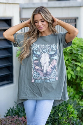 Zutter Desert Dreamer Vintage Longhorn Graphic  T-Shirt Off Olive T-Shirt Workout Gear All-Season Comfort Wear