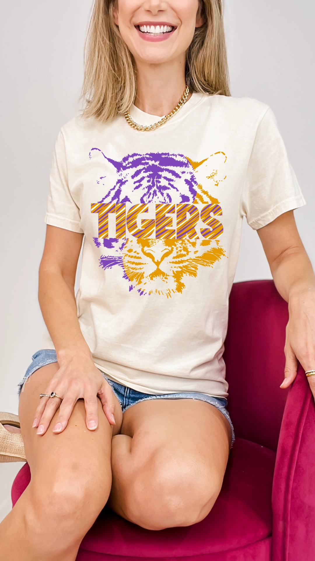 Stretch Material LowMaintenance Fabric Purple & Gold Split Tiger Graphic Tee