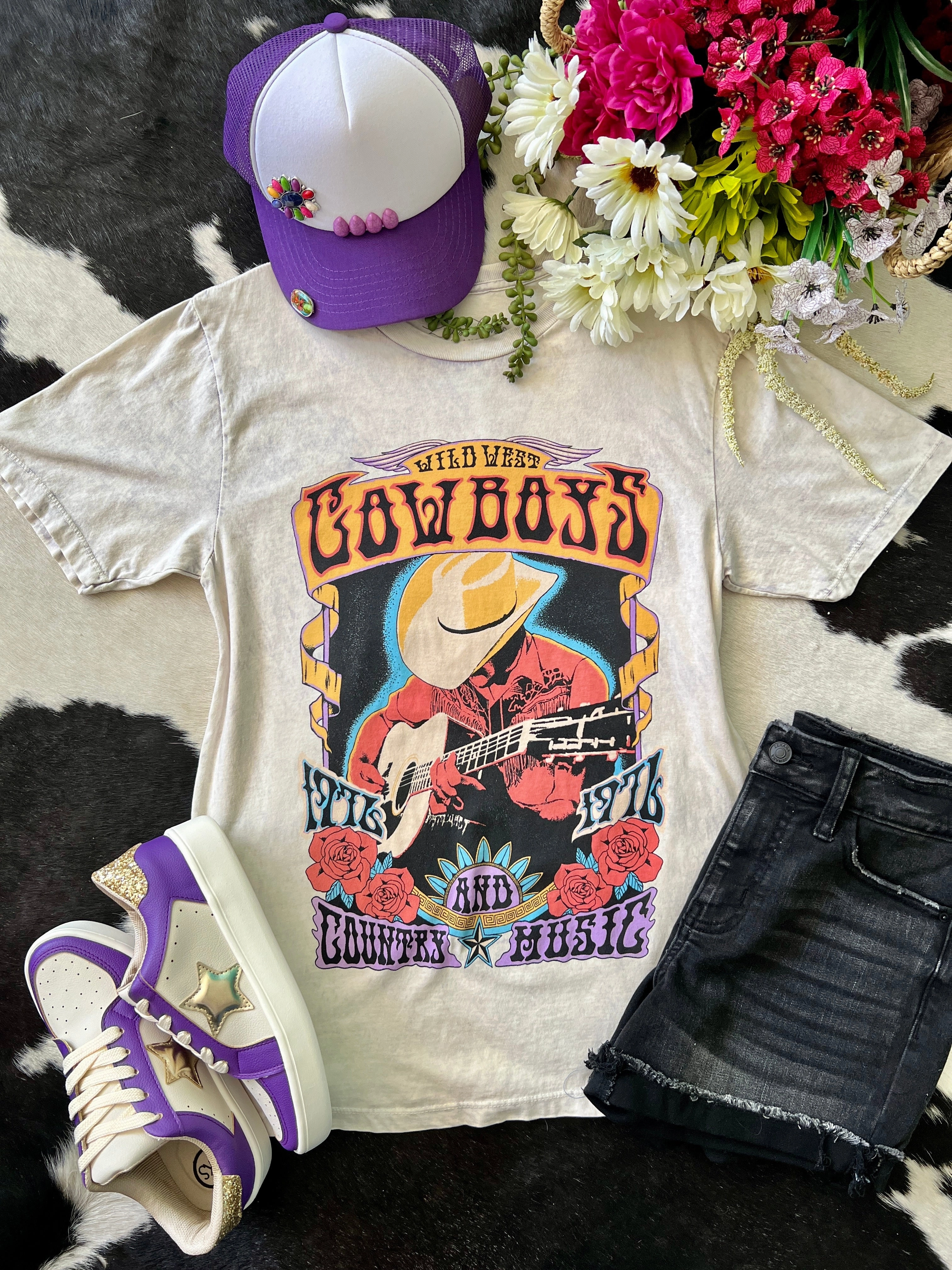 ErgonomicSleeves LaserCut Edges Purple Hue Mineral Washed Cowboys Music Tee