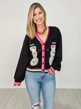 Queen of Sparkles Black Pearl Snowmen Cardigan Light Flex Fit