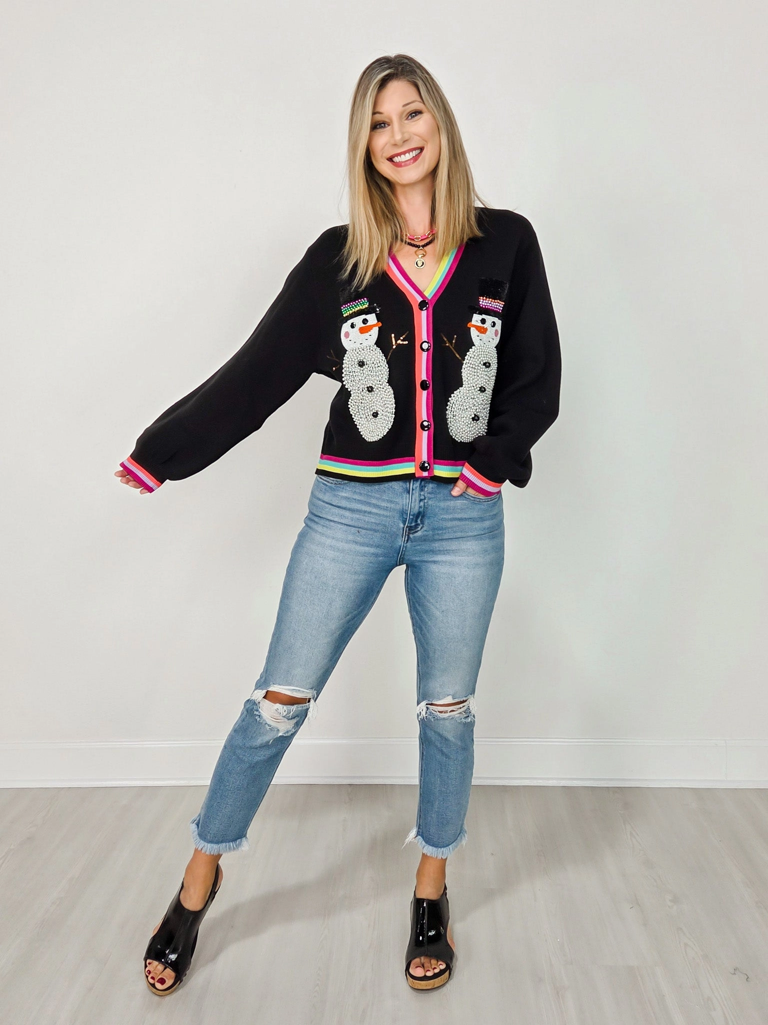 Queen of Sparkles Black Pearl Snowmen Cardigan Breathable mesh lining