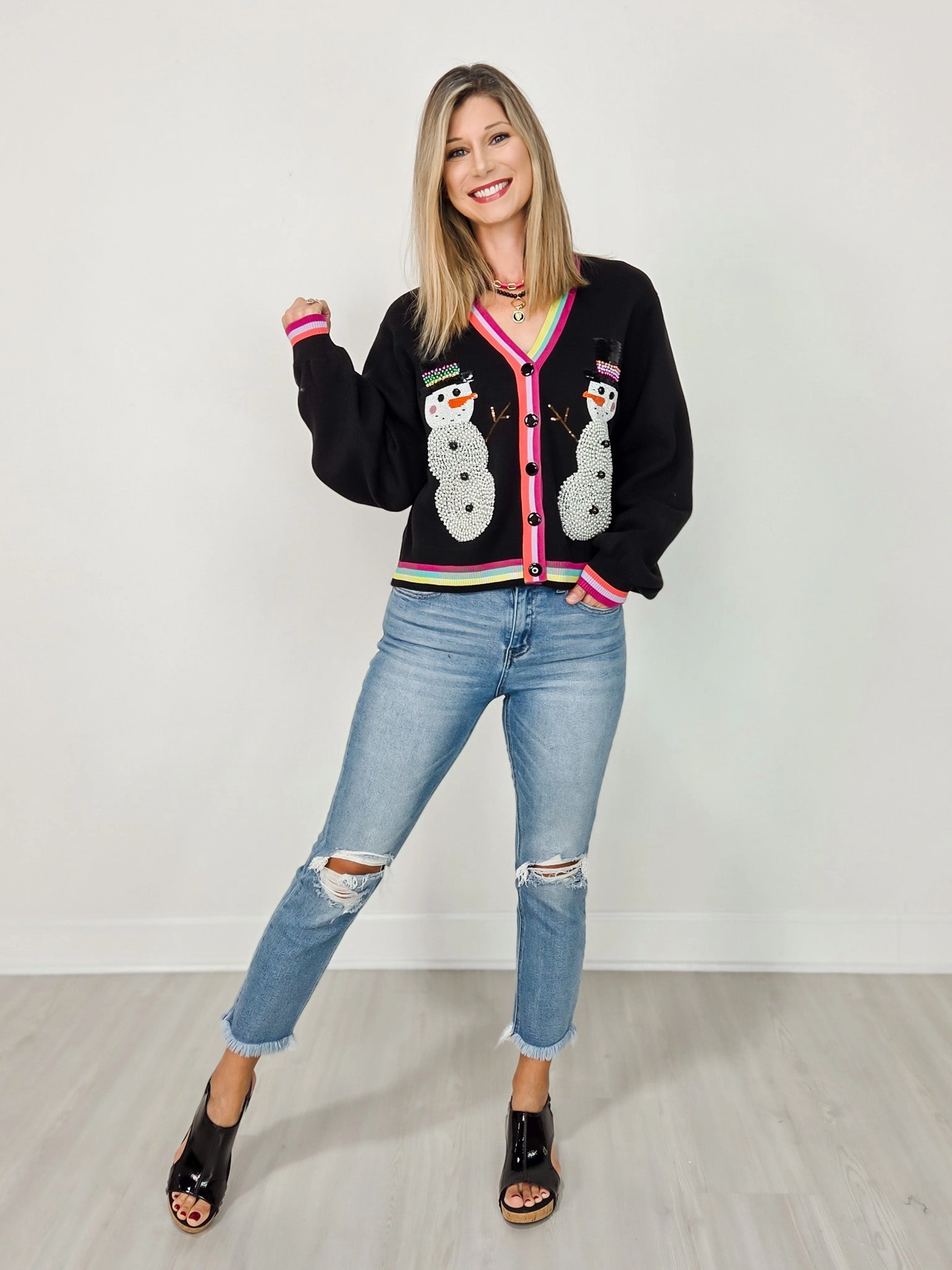 Flexible Fabric Queen of Sparkles Black Pearl Snowmen Cardigan