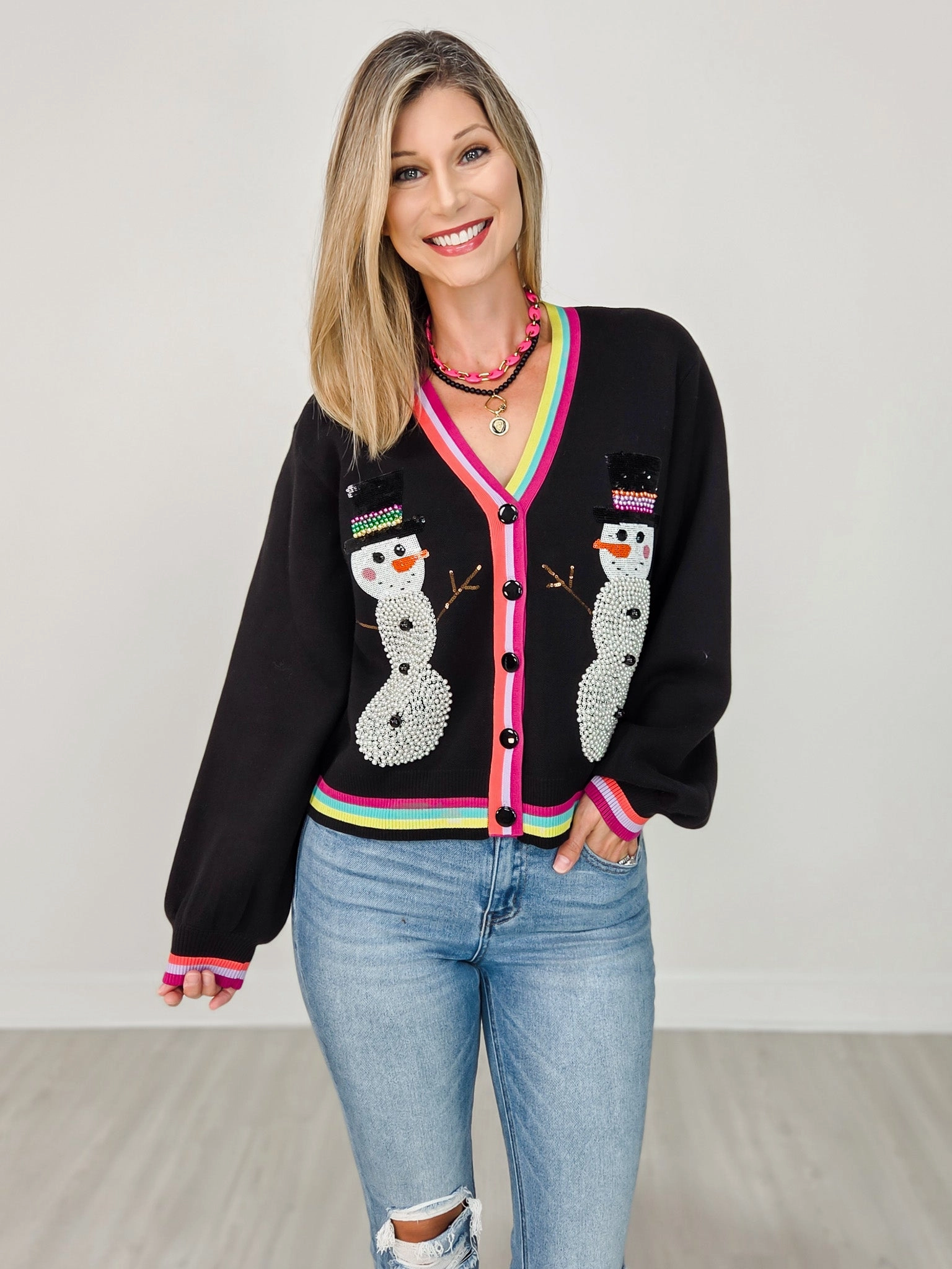Queen of Sparkles Black Pearl Snowmen Cardigan Light Flex Fit