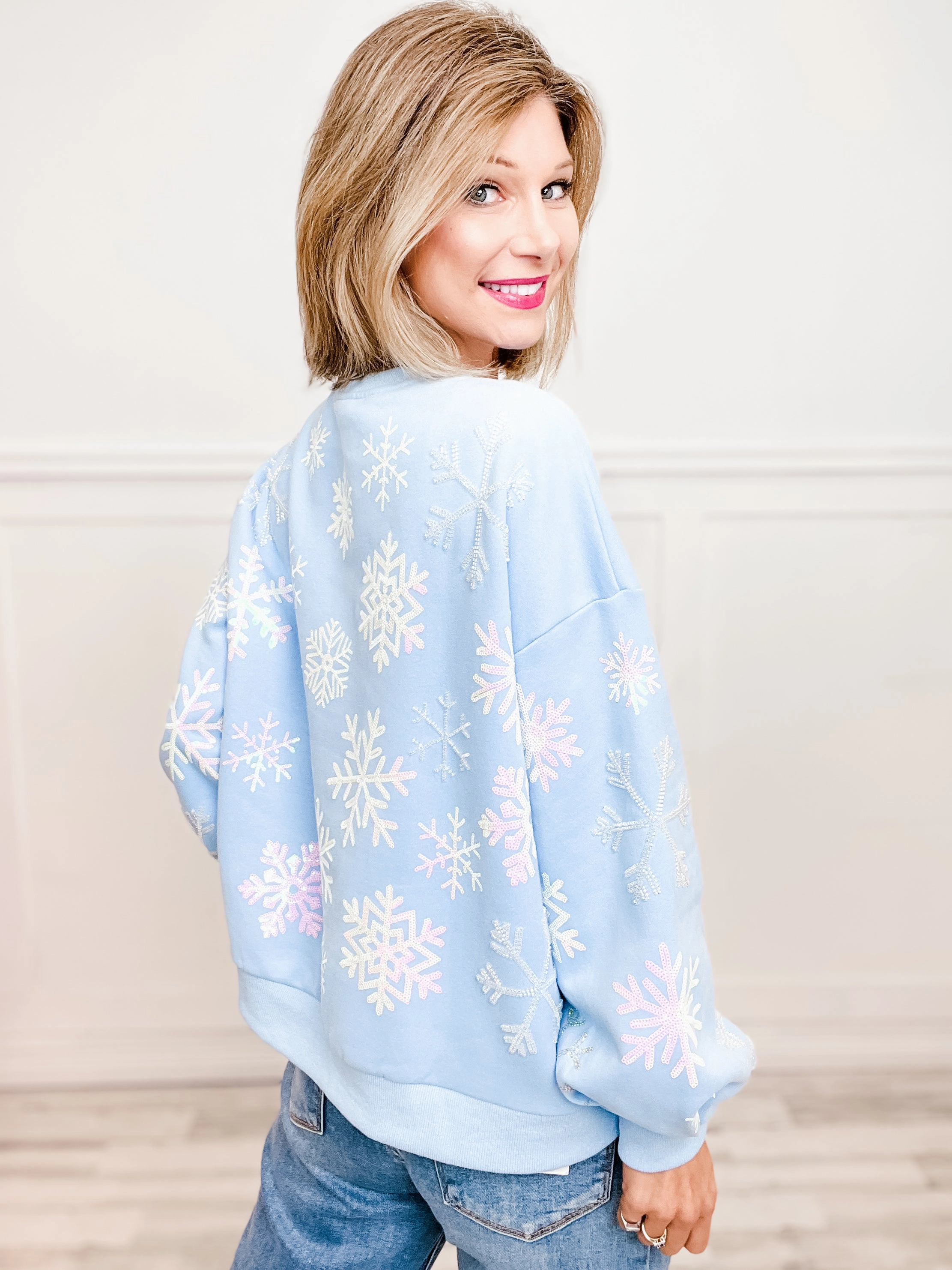 Anti Snag Fabric Queen of Sparkles Light Blue Iridescent Snowflakes Sweatshirt