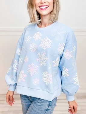 Queen of Sparkles Light Blue Iridescent Snowflakes Sweatshirt Performance Layer Wear Chilly Fit Wear