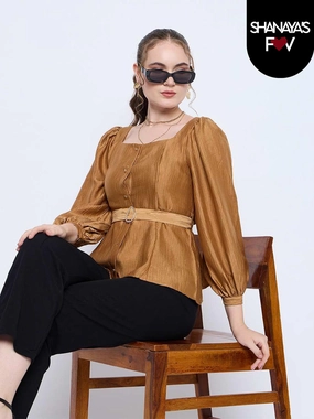 Madame Golden Rayon Blend Square Neck Belted Button Front Top PortableOption