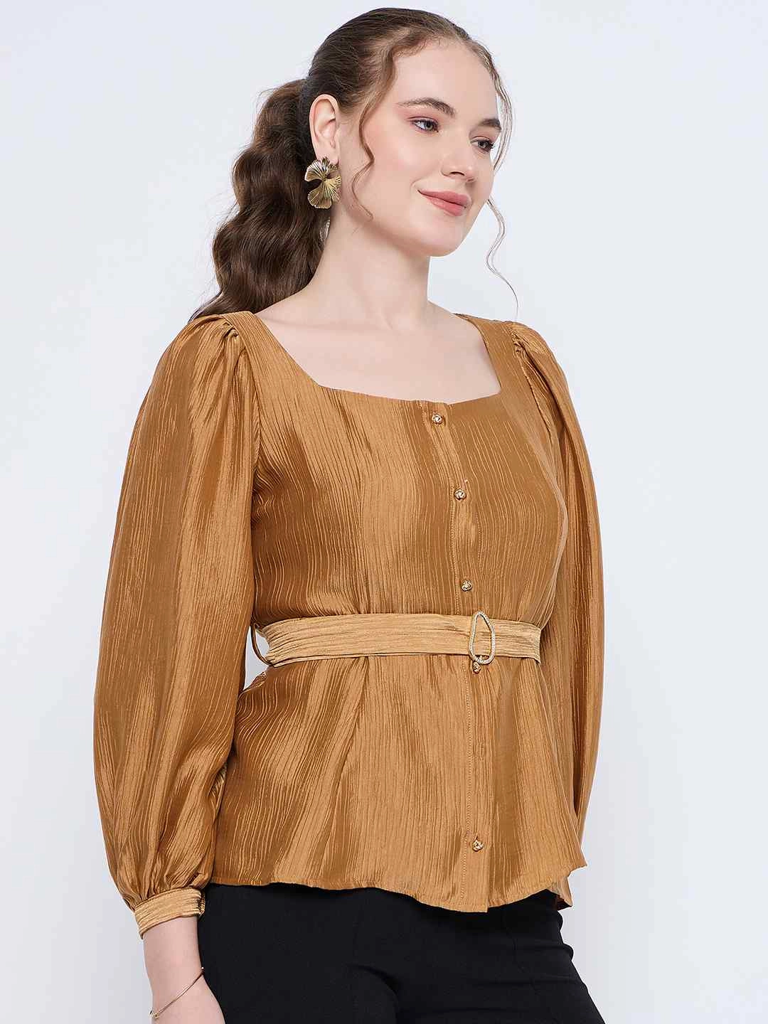 Lightweight Jacket Madame Golden Rayon Blend Square Neck Belted Button Front Top