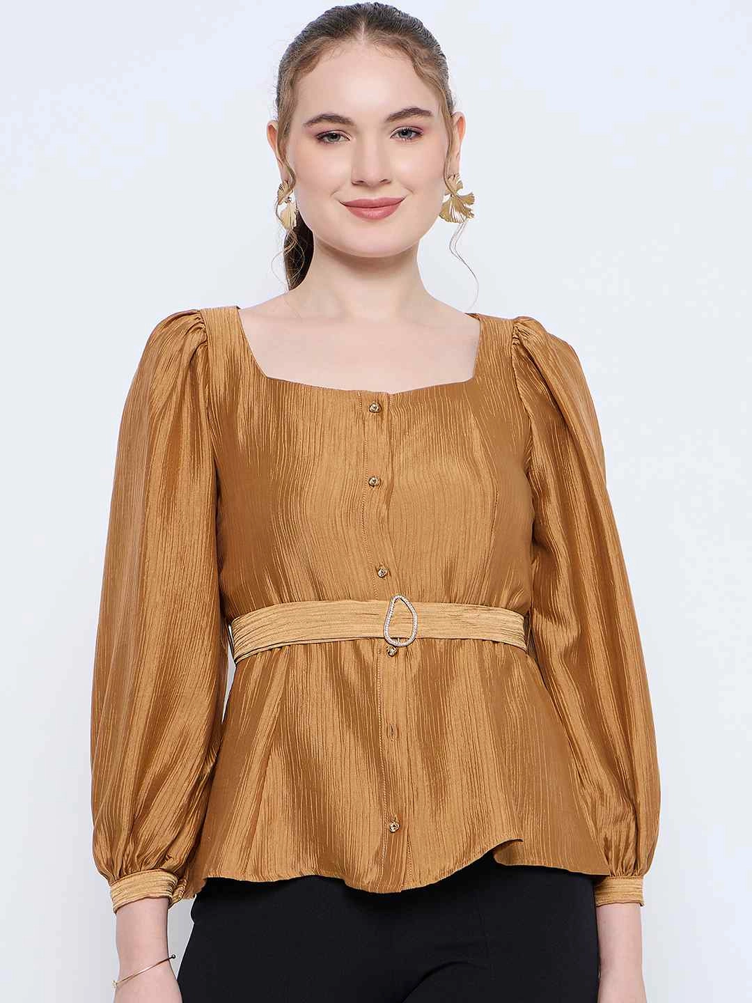 Madame Golden Rayon Blend Square Neck Belted Button Front Top Moisture Wicking Fabric BreathableBack