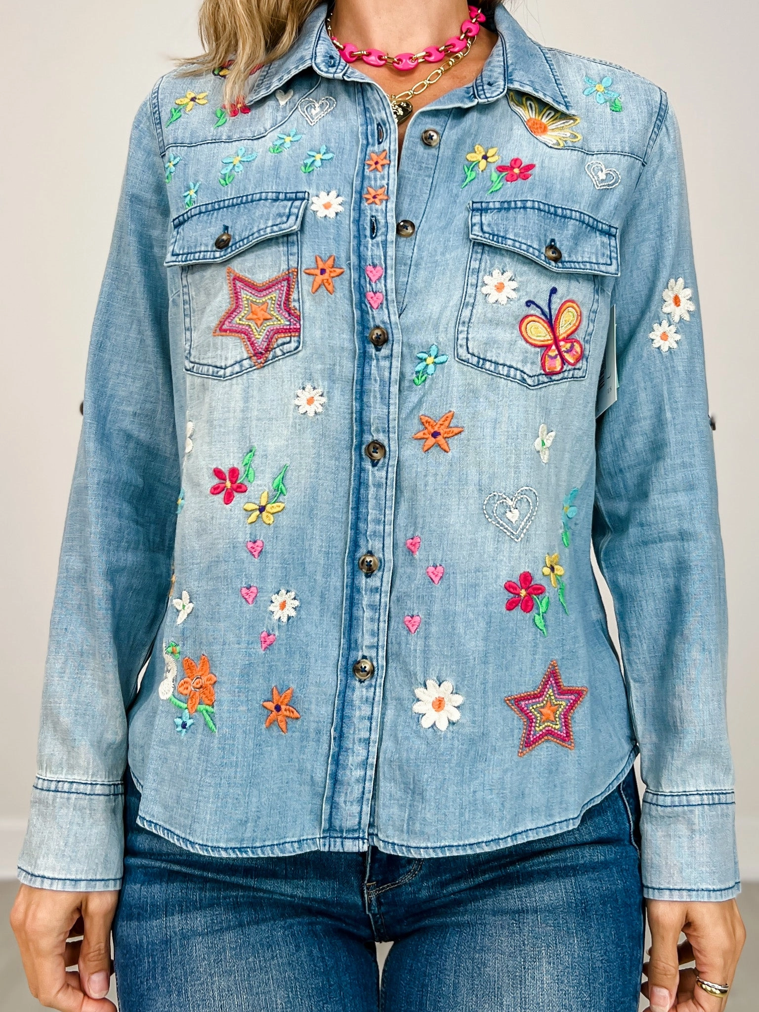 Daily Wear Summer Vibes Music Event Selvedge Detailing Sketchbook Embroidered Denim Button Down Collared Top