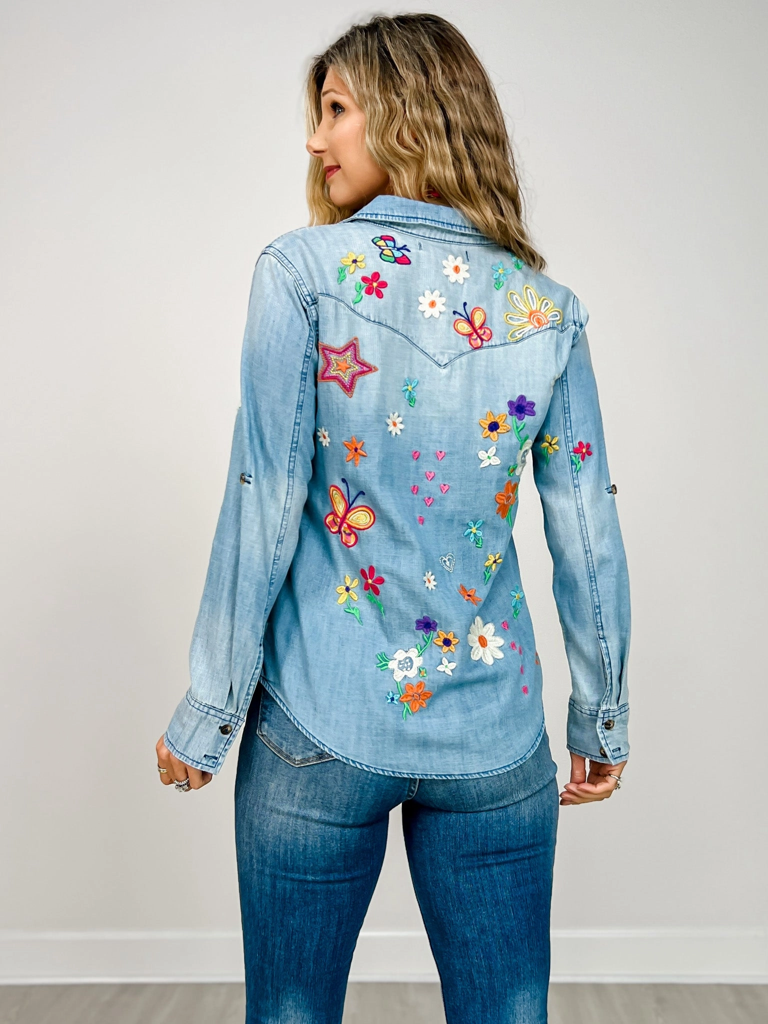 Sketchbook Embroidered Denim Button Down Collared Top Street Approved
