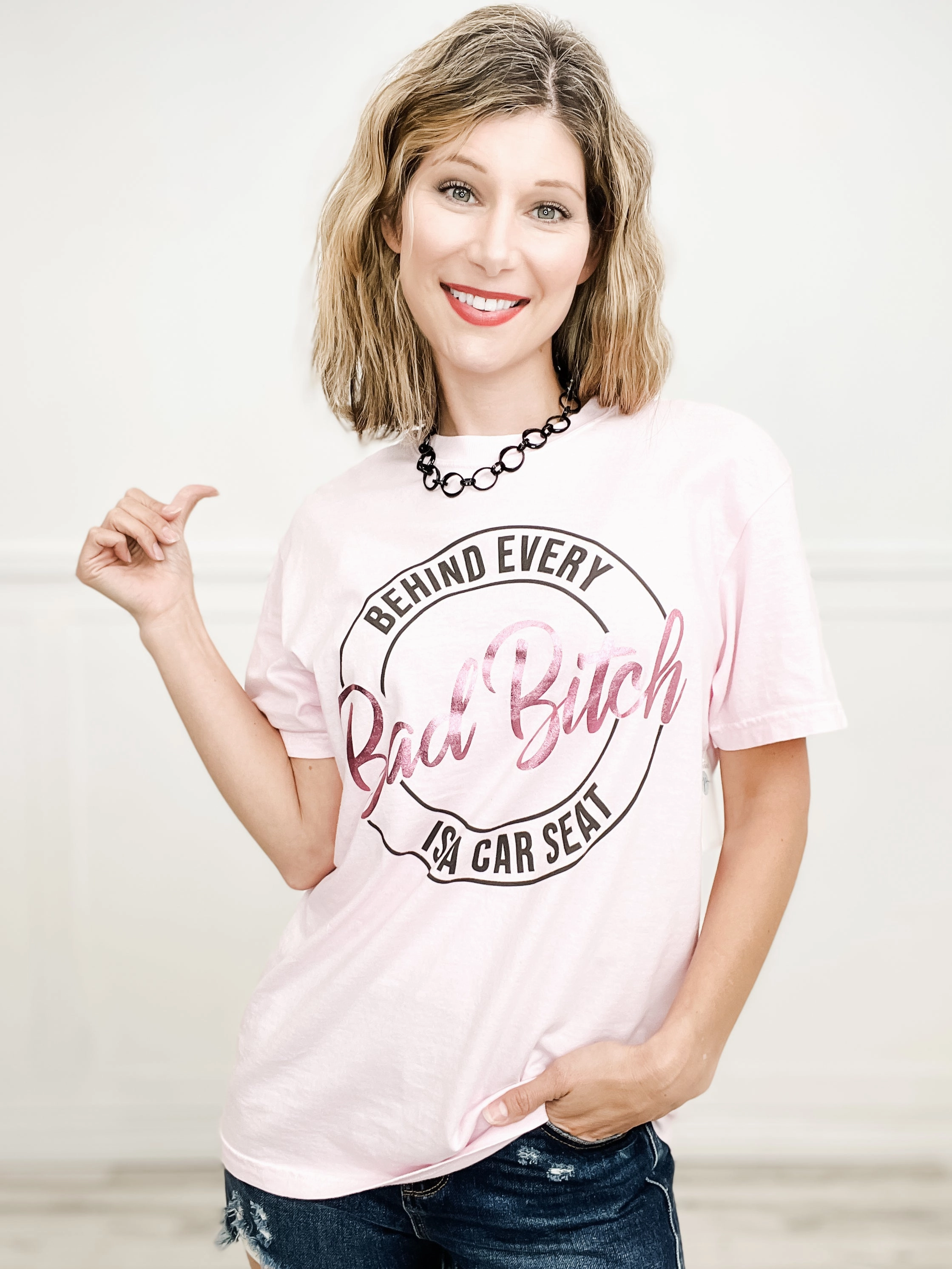 UV protection layer EasyCareFabric Behind Every Bad B*tch is a Car Seat Embellished Graphic Tee