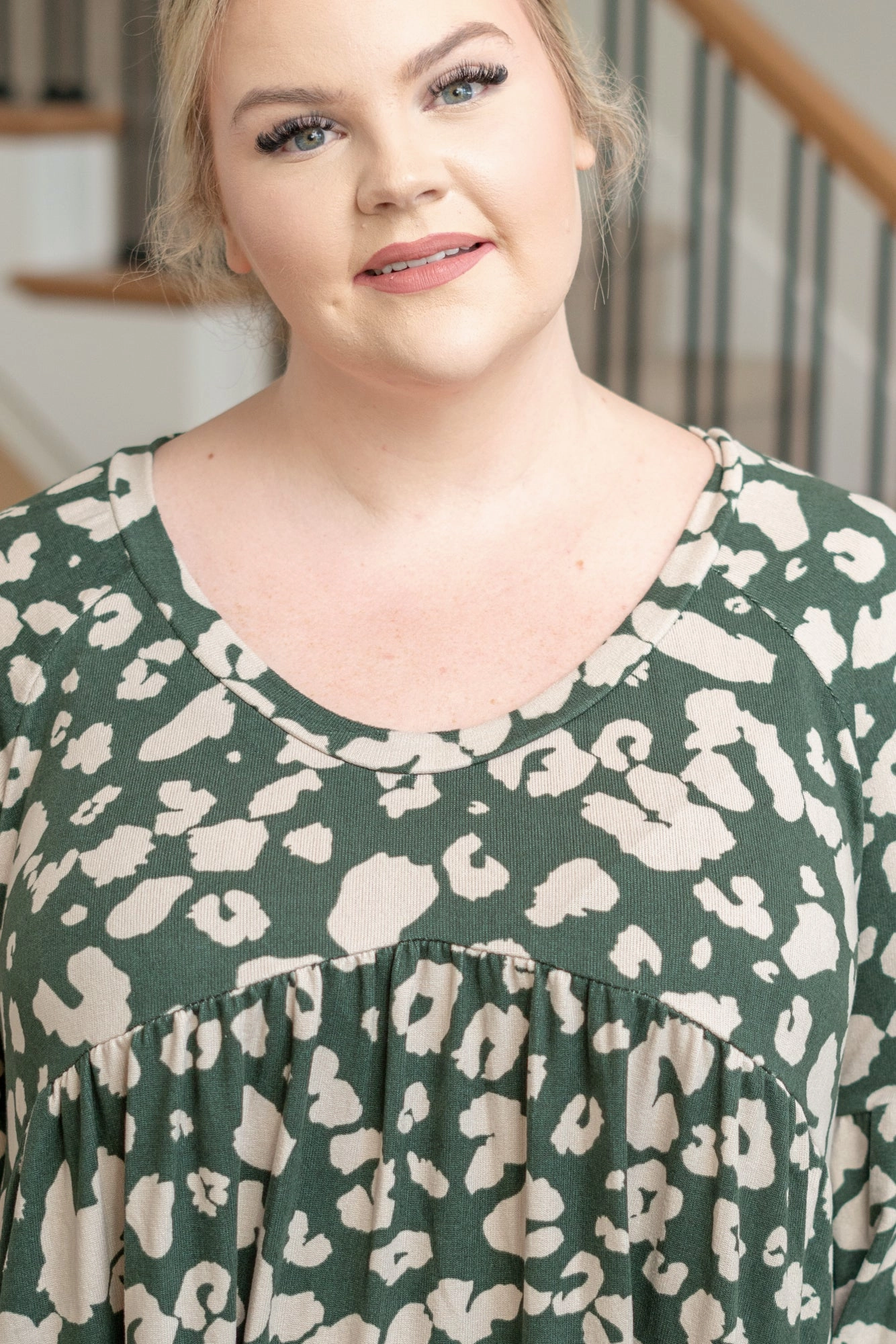 Spring Collection Plus Size Leopard Print Bell Sleeve Top - Green