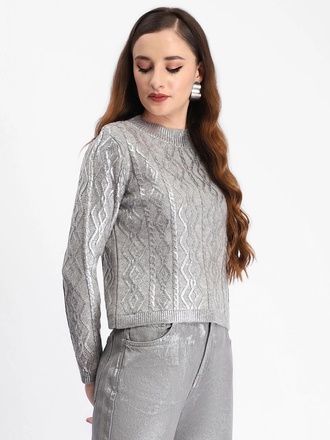 Madame Metallic Cable Knit Grey Sweater Ultimate Layering Drop Shoulder Design