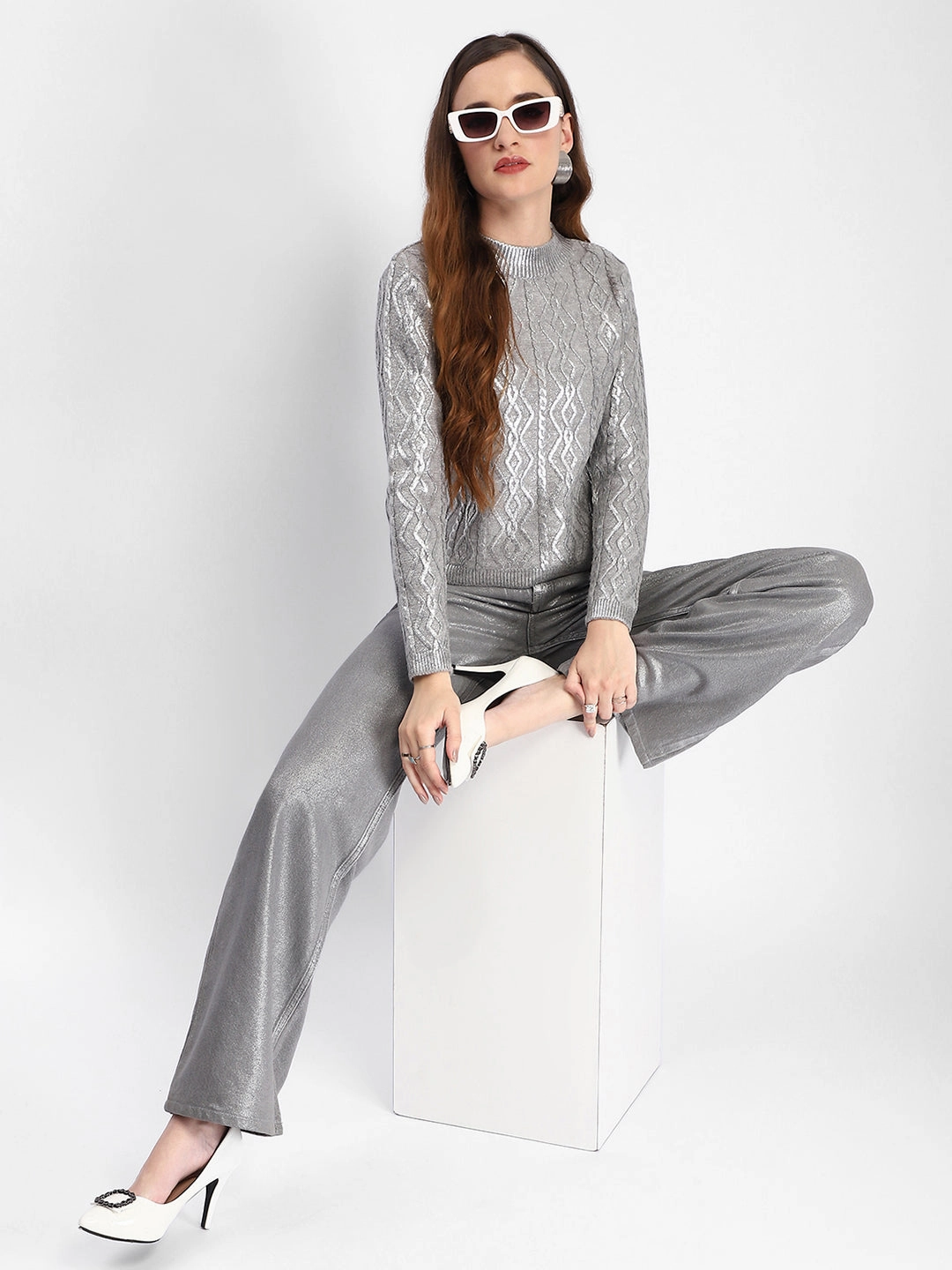 Cozy Wardrobe Madame Metallic Cable Knit Grey Sweater
