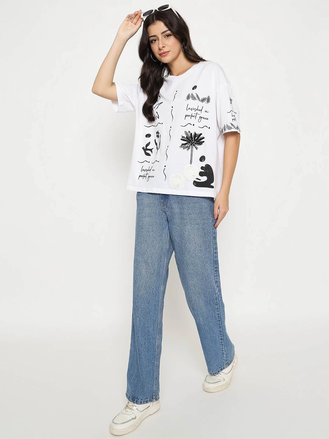 Madame Graphic Print Cotton White T-shirt Flexible Neckline