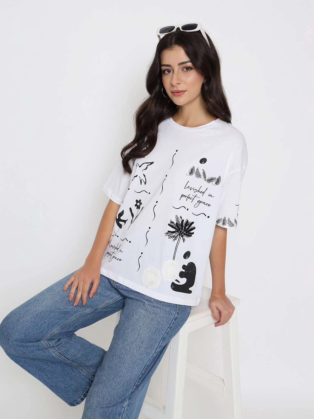 Madame Graphic Print Cotton White T-shirt VNeck Style AllDay Comfort Design