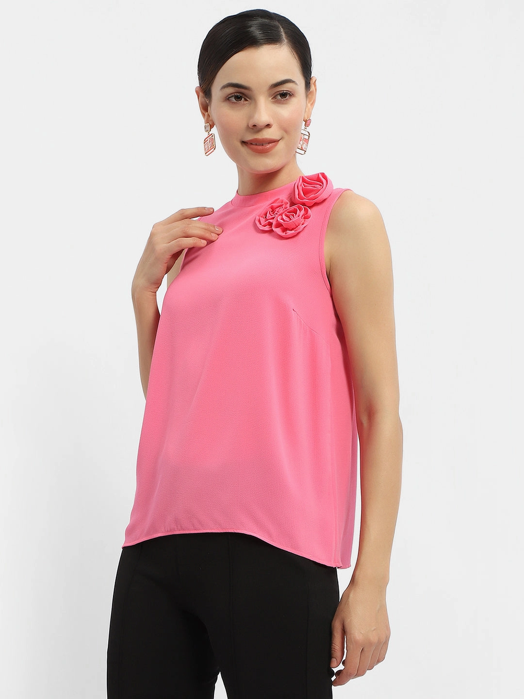 Madame Applique Adorned Fuschia Pink Shimmer Top Seamless Construction Design