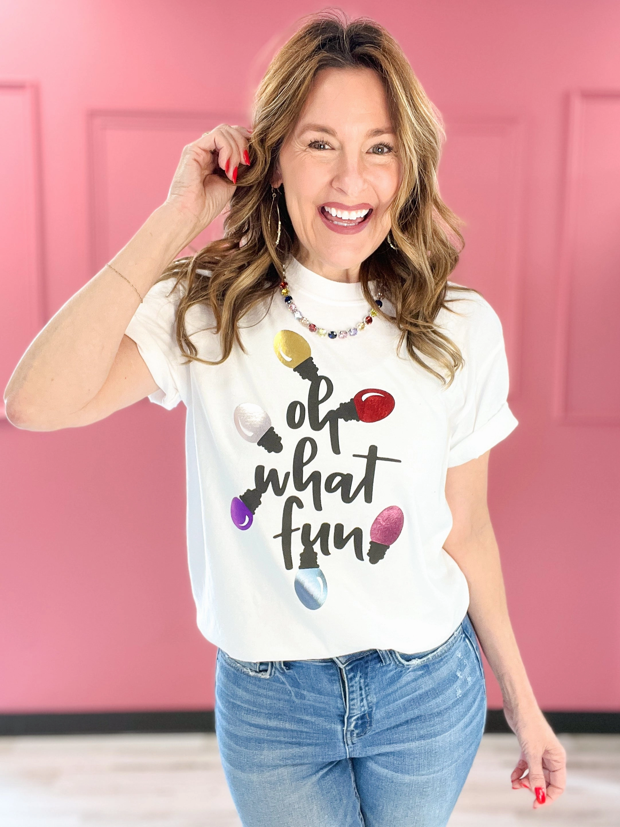 Oh What Fun Christmas Lights Embellished Graphic Tee Interlock Stitching ButterySoftTextile