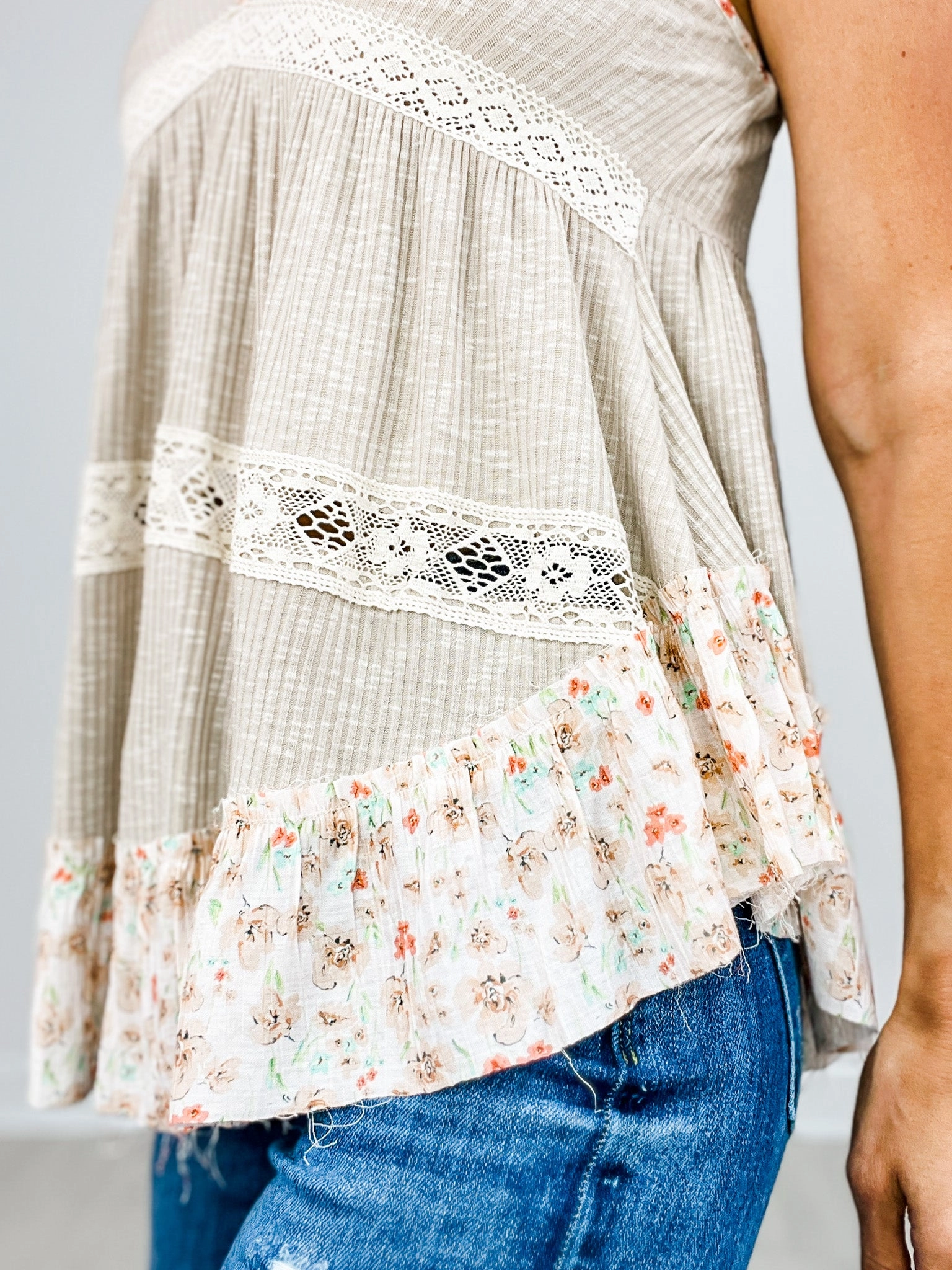 Ribbed Jersey V-Neck Sleeveless Top with Lace Detail Layered Ply Construction Sustainable Manufacturing