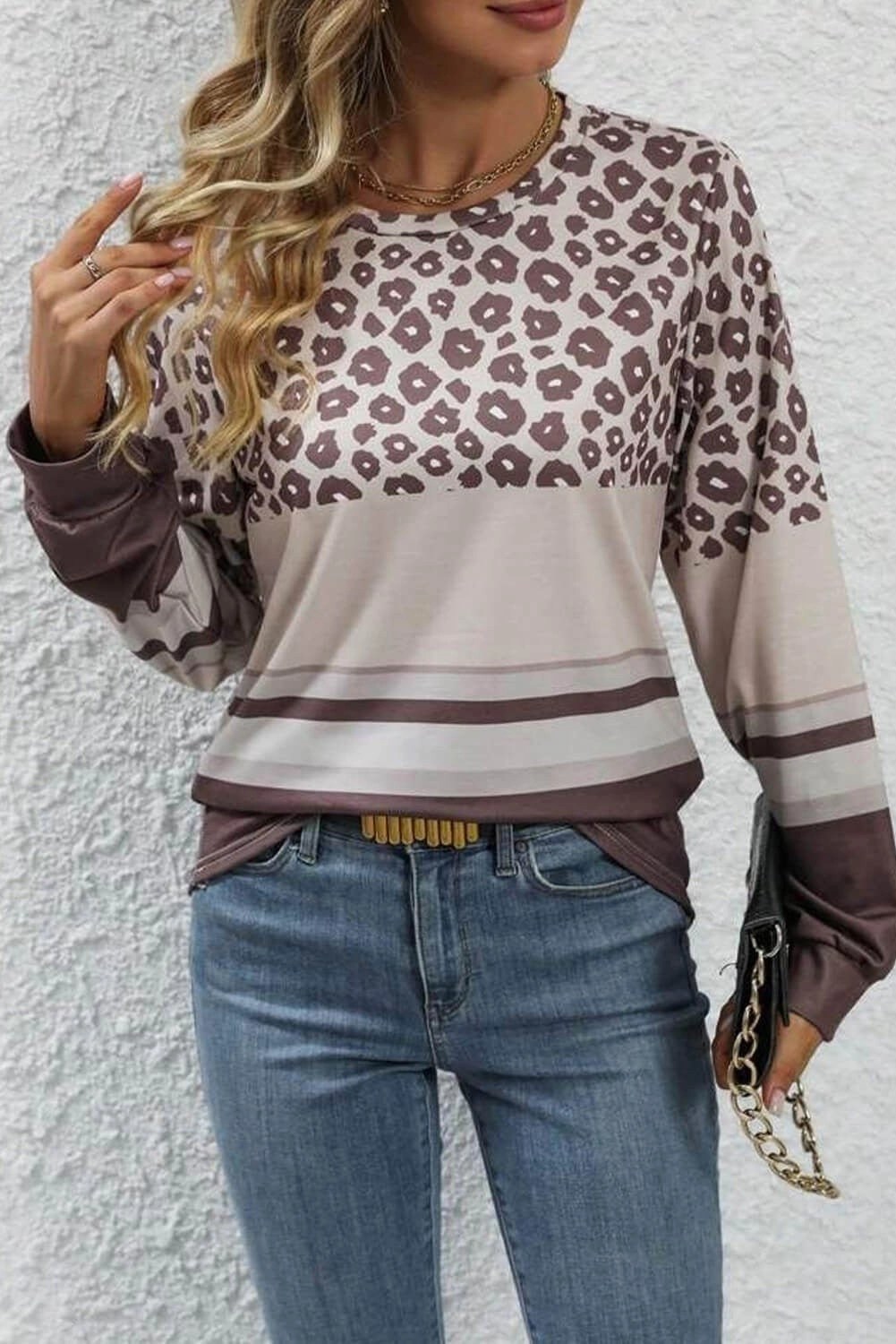 Brown Leopard Color Block Crewneck Long Sleeve Top* FrenchTerryTexture FadeResistant Treatment