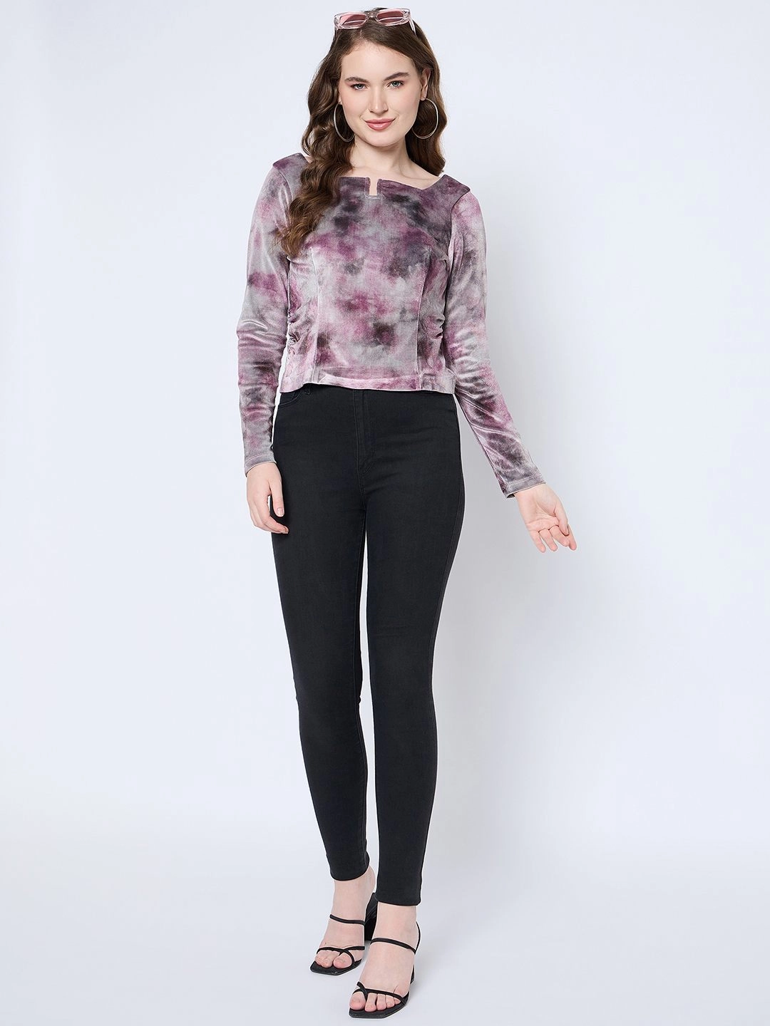 Madame Square Keyhole Neck Abstract Print Plum Top Moisture Wicking Fabric Anti Fade Technology