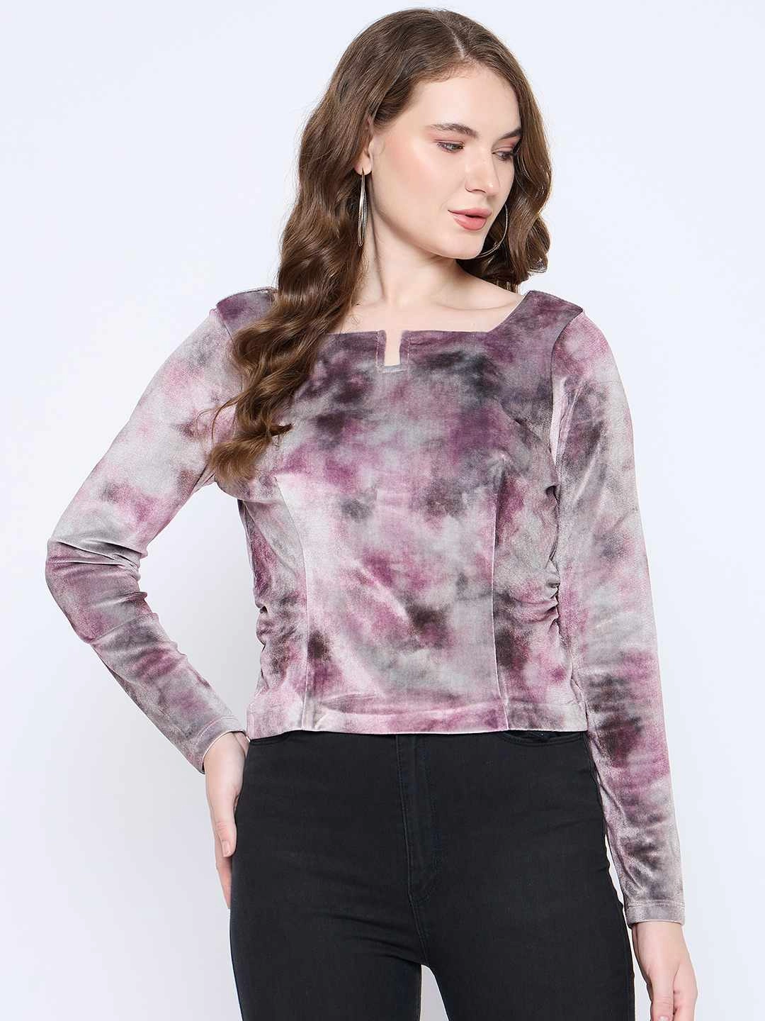 Odor Resistant Fabric Quick Dry Material Madame Square Keyhole Neck Abstract Print Plum Top