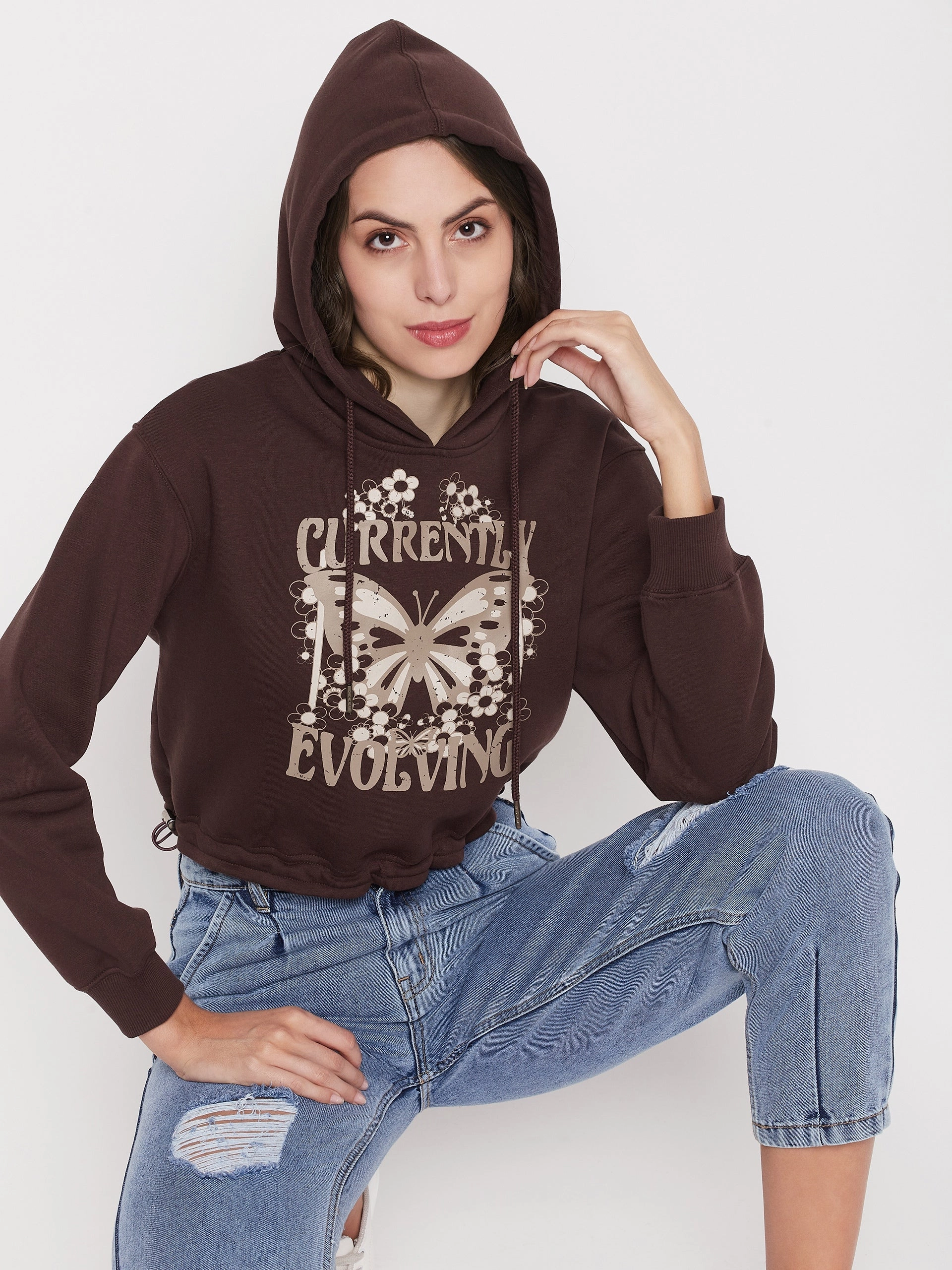 Durable Build Madame Printed Coffee Brown Crop Sweatshirt