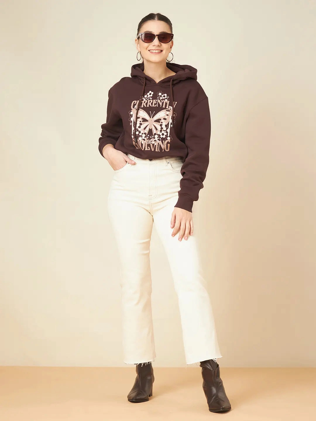 product ribbon playfulness zippered Madame Printed Coffee Brown Crop Sweatshirt
