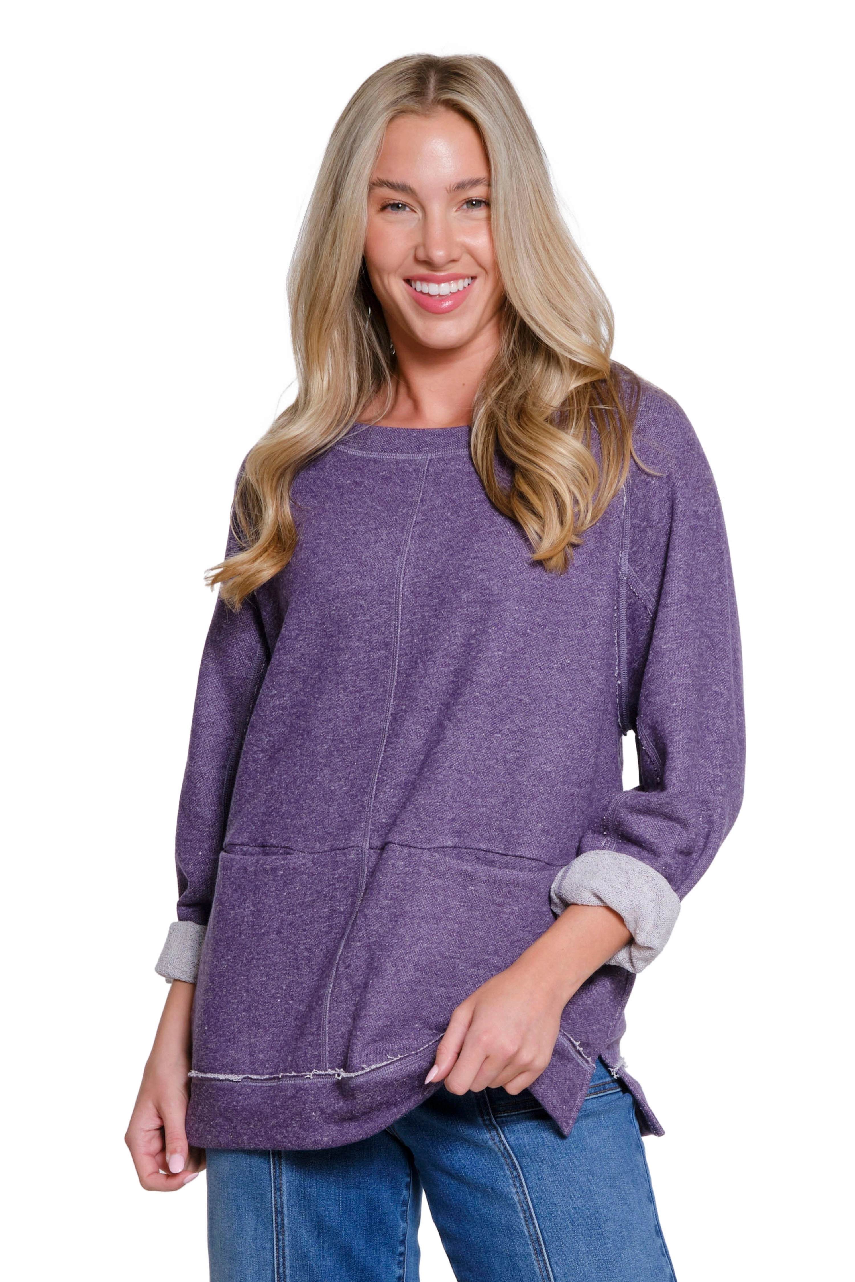 Raglan Sleeve Knit Top - Dark Purple Contrast Stitch Accent