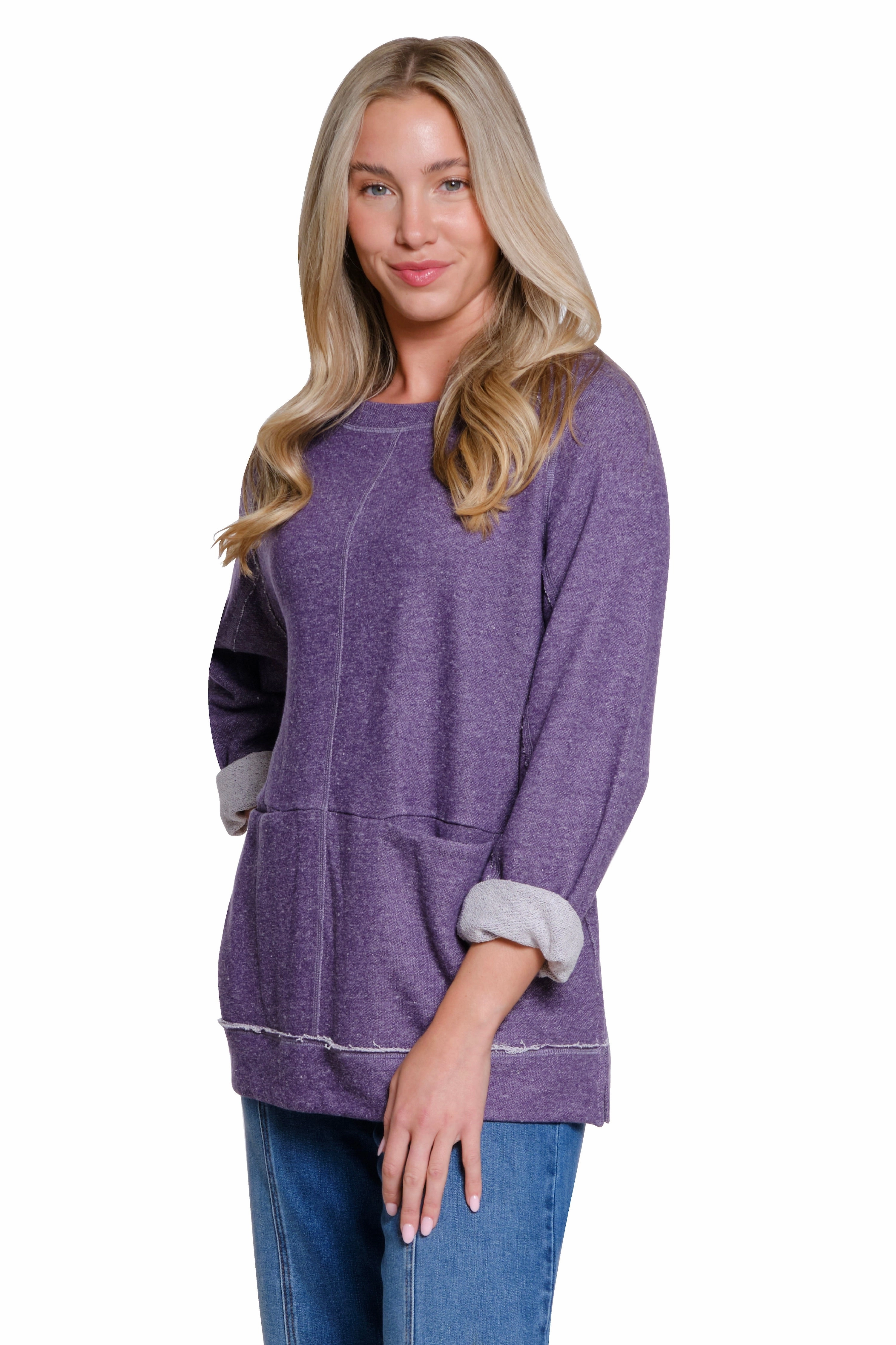Raglan Sleeve Knit Top - Dark Purple Double Faced Jersey Knit Layered Neckline
