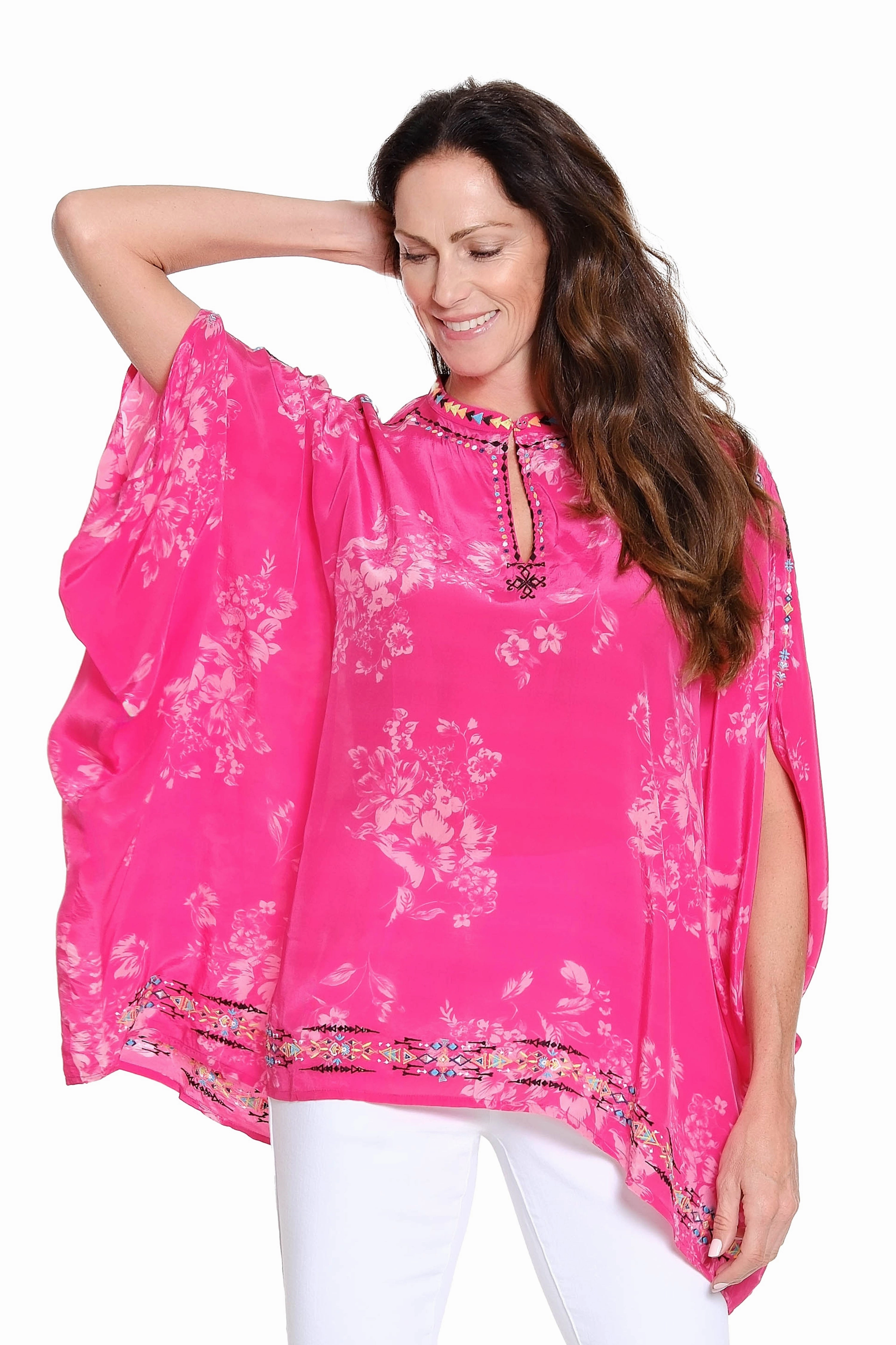 Everyday Comfort Printed Poncho with Embroidery ?C Bright Pink
