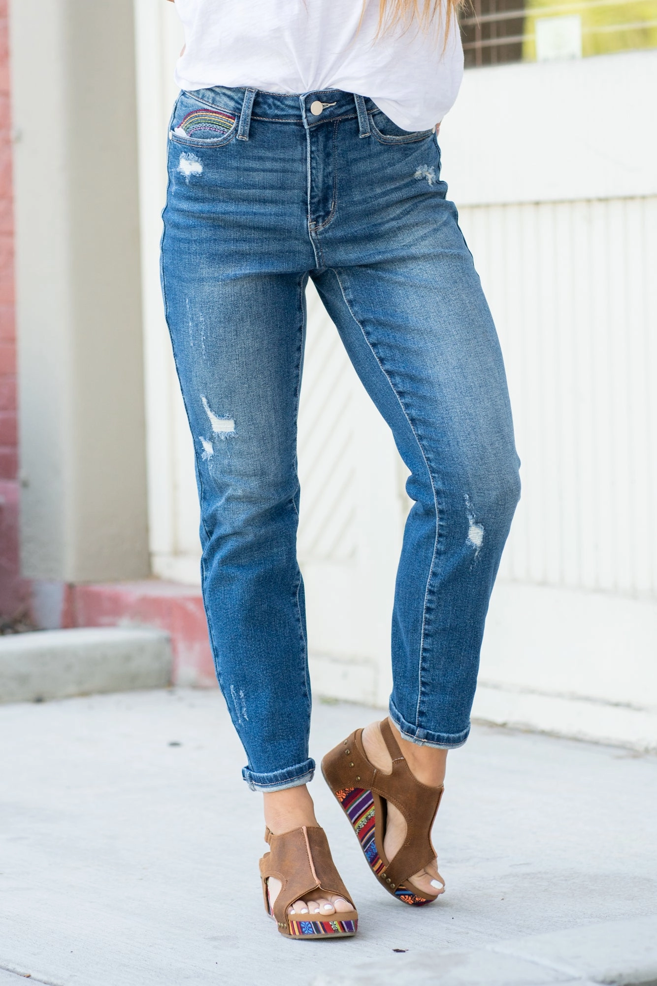 Morning Stroll Streetwear Fan Easy Fit Rainbow Embroidered High Rise Cropped Straight Leg