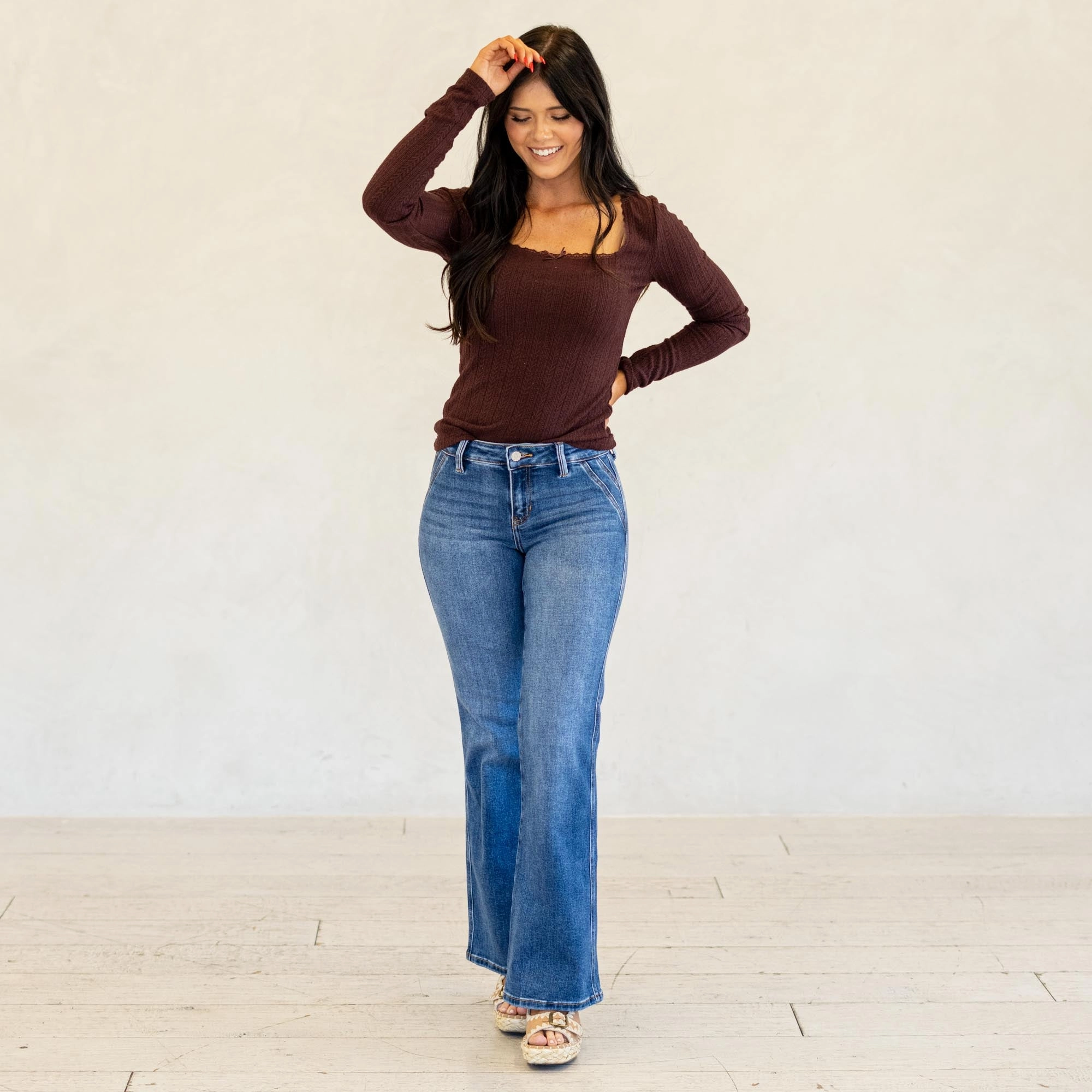 Functional Comfort KanCan Ita Mid Rise Wide Flare Jeans (Petite) Medium Blue Wash