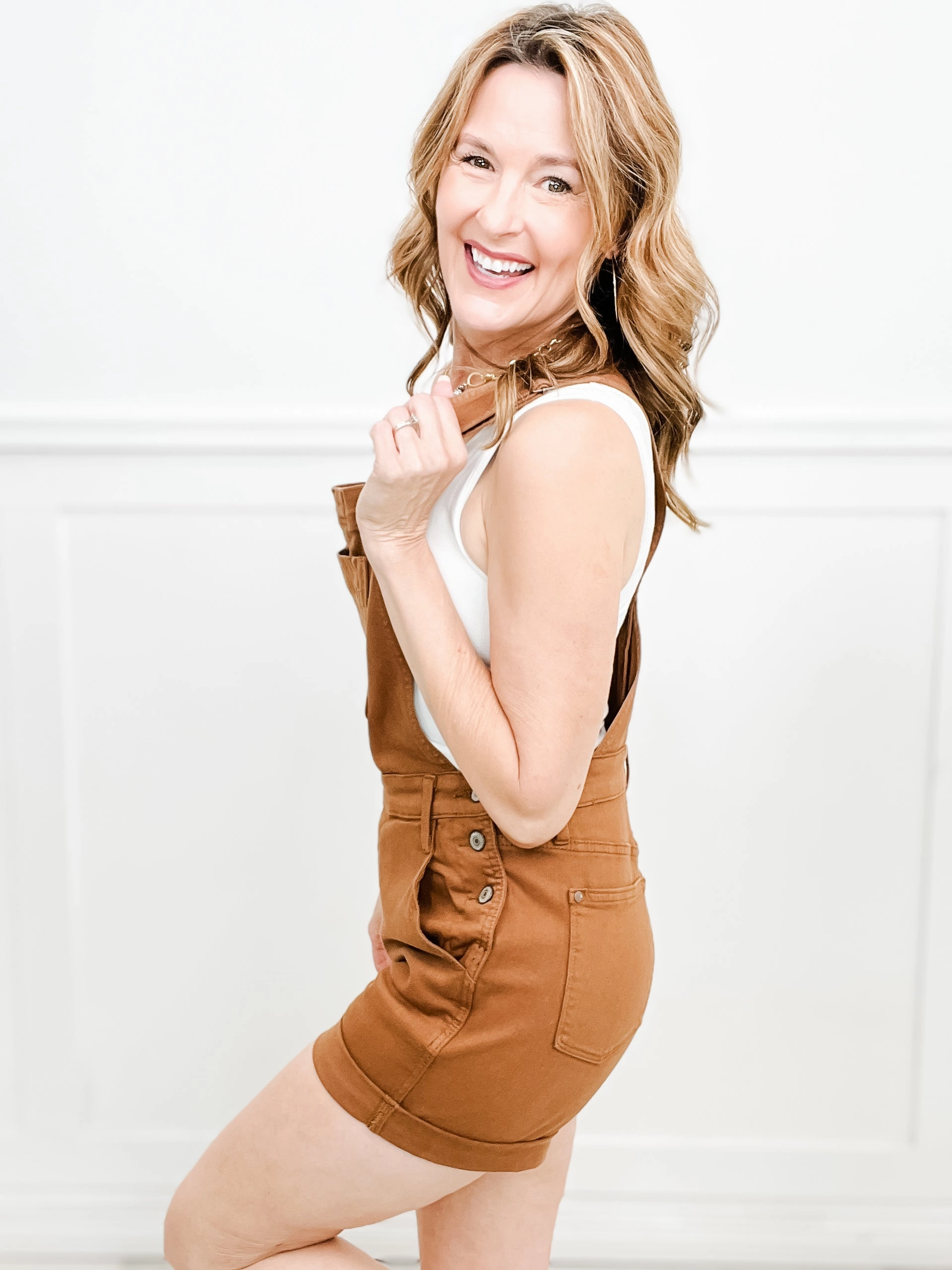 Judy Blue High-Rise Brown Garment Dyed Distressed Cuff Short Overalls Timeless Waist